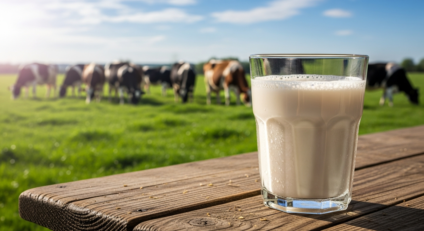 A close-up shot of a glass of rich, creamy raw milk on a rustic wooden table, with a blurred background of a healthy, green pasture and happy dairy cows grazing under a bright American sky. Emphasize warmth, natural light, and a sense of wholesome tradition.