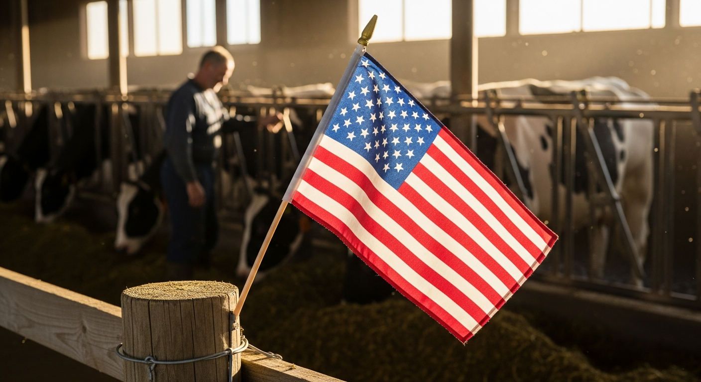 An evocative image of a small, patriotic American flag proudly displayed on a fence post at a local dairy farm. In the background, a farmer is gently tending to a cow in a clean, sunlit barn, symbolizing hard work, freedom, and the 'farm to table' connection. Focus on warmth, hope, and the human element.