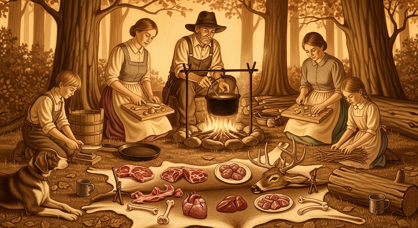A warm, sepia-toned illustration or painting depicting an early American pioneer family preparing a meal around a campfire, with various parts of a hunted animal respectfully laid out, showcasing the 'nose-to-tail' approach. Focus on a sense of community and resourcefulness.