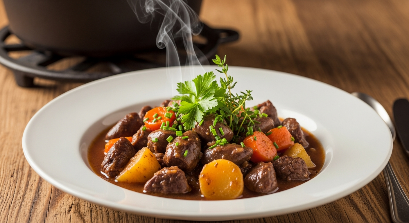 A beautifully plated, steaming bowl of beef heart stew with root vegetables, garnished with fresh herbs, on a rustic wooden table. The lighting should be warm and inviting, emphasizing the rich, comforting nature of traditional cooking. Include a cast-iron pot in the background to suggest homesteading food prep.
