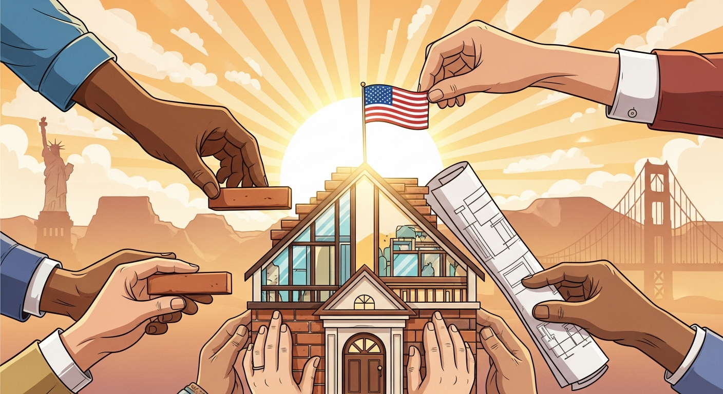 An illustration showing diverse hands (different skin tones) symbolically building a structure together, representing the 'American Dream' or shared opportunity. The background could subtly feature iconic American landscapes or symbols like a rising sun, suggesting optimism.