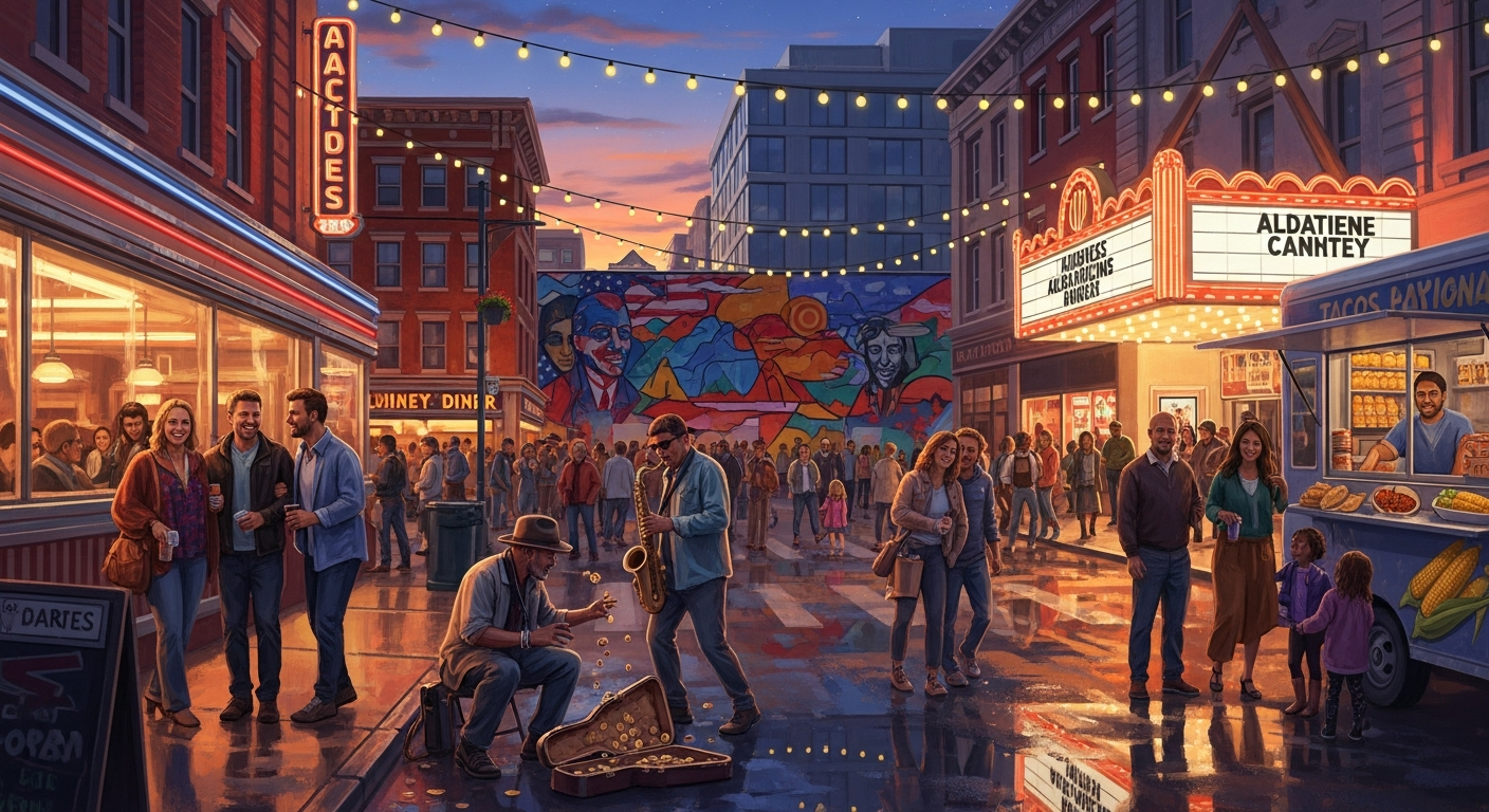 A vibrant digital painting of a bustling American street scene, showcasing people of various ages, ethnicities, and backgrounds interacting naturally. Elements like street food, different architectural styles, and community art could be visible, emphasizing the richness of 'American culture' born from diversity.