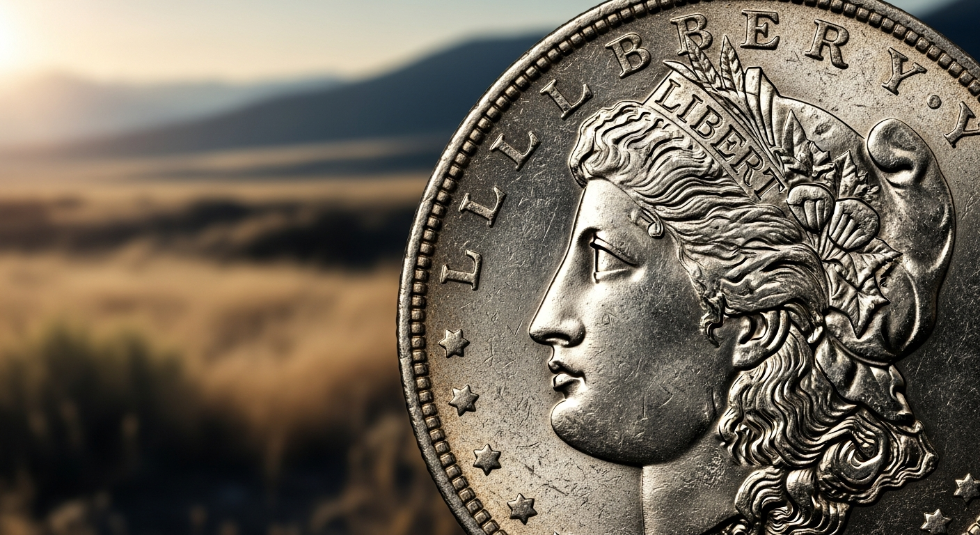 An artistic, slightly aged photograph of a highly detailed Morgan Silver Dollar, close-up on Lady Liberty's profile, with a soft focus background suggesting the American West.