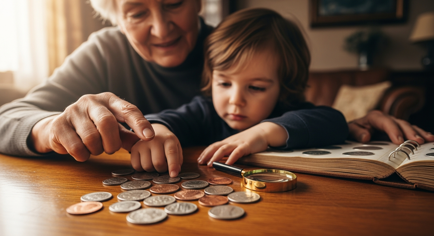 A warm, inviting image of an older person (like a wise grandparent) showing a young child a small collection of vintage American coins, spread out on a wooden table, emphasizing the generational aspect of coin collecting.
