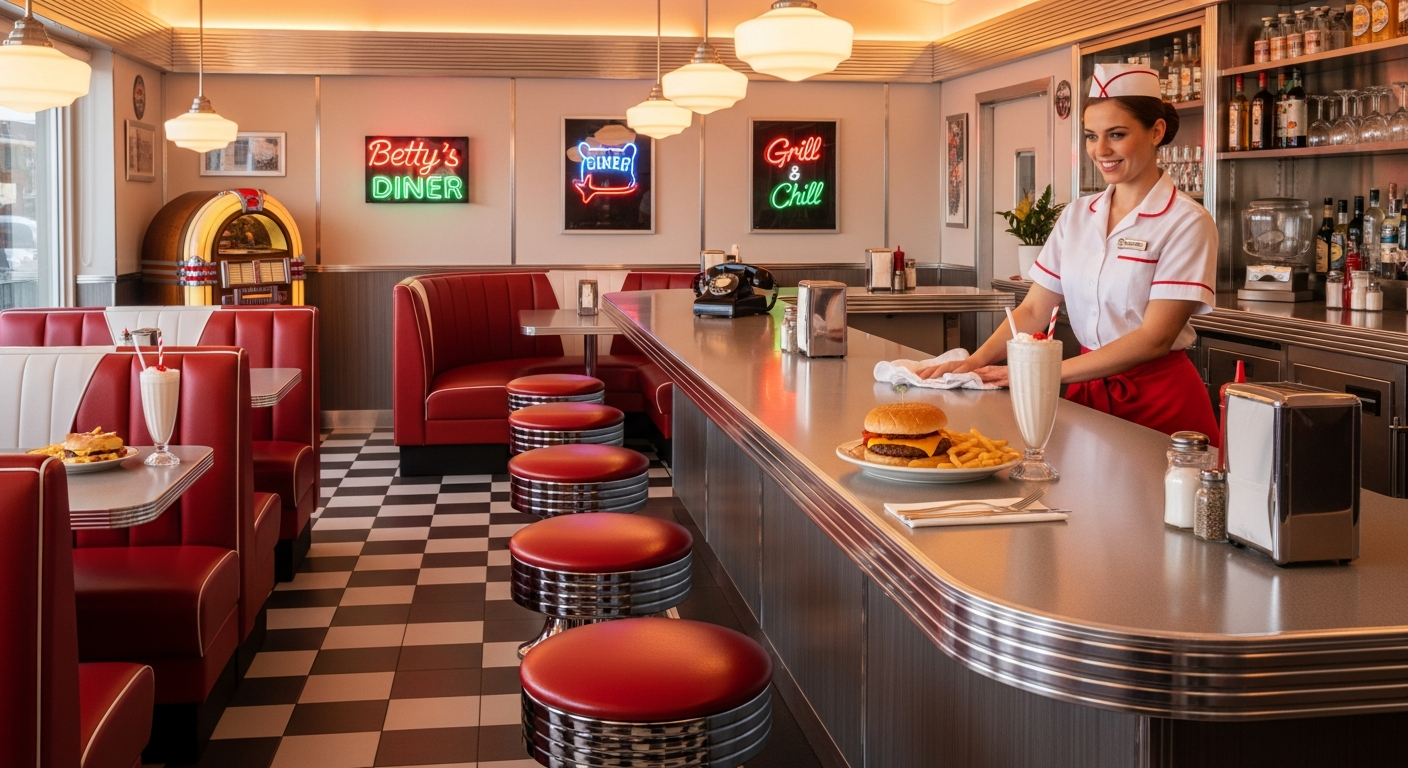 A vibrant, retro-style American diner interior from the mid-20th century. Focus on chrome details, red vinyl booths, a long counter with swivel stools, and a friendly server. Show a classic diner meal like a burger and fries on a table. The atmosphere should feel warm, inviting, and nostalgic.
