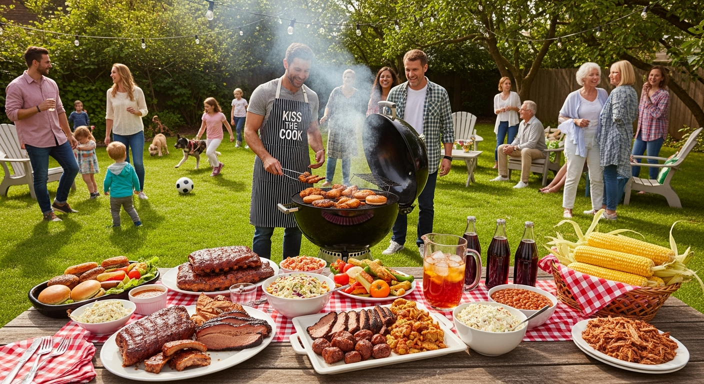 A lively backyard barbecue scene on a sunny day. Feature a diverse group of friends and family gathered around a smoking grill, with various barbecue dishes (ribs, brisket, pulled pork) and side dishes on a picnic table. Emphasize warmth, community, and the relaxed, celebratory atmosphere of a typical American cookout.