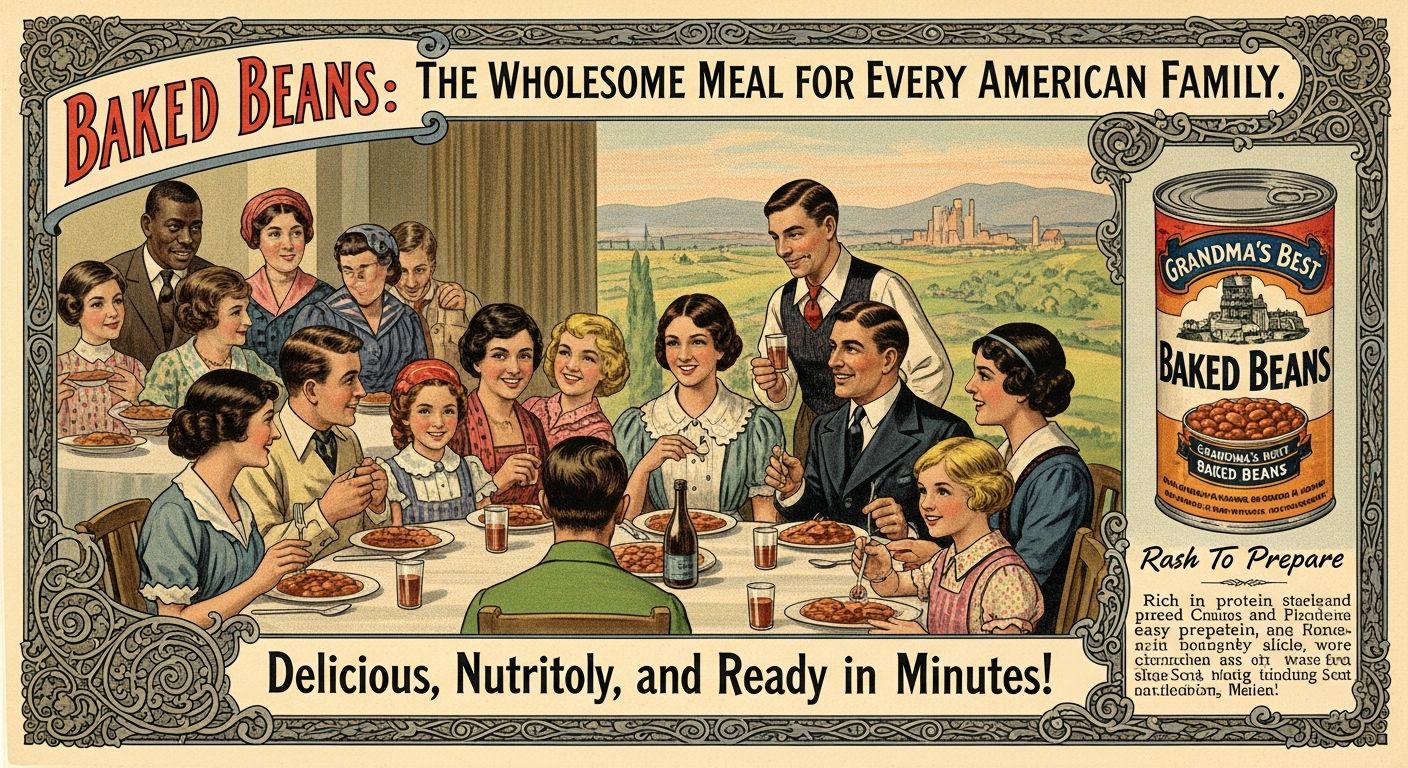 An old vintage advertisement from the early 20th century promoting canned baked beans as a convenient and wholesome meal for families. Show diverse American families enjoying the product.