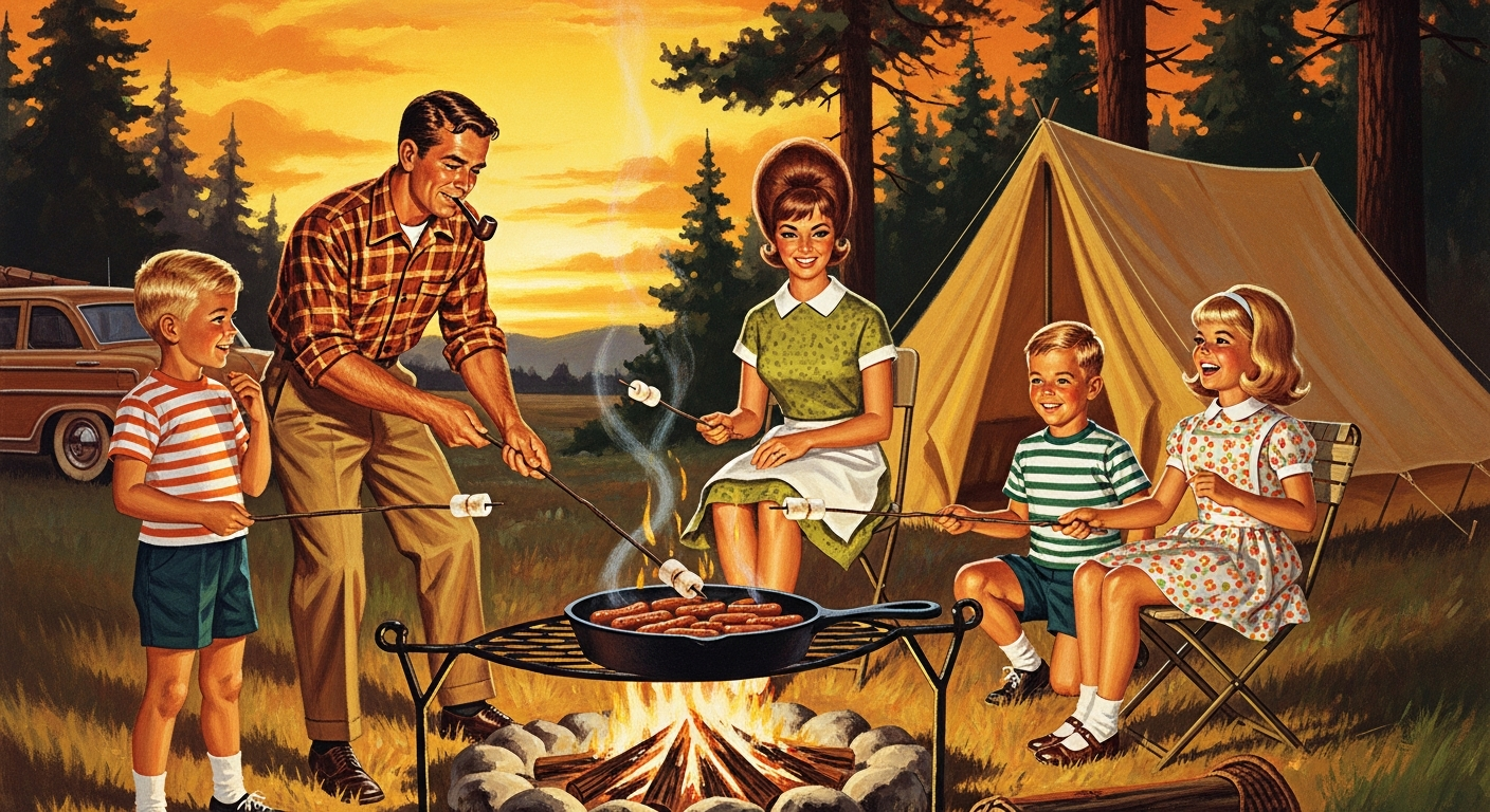 A nostalgic illustration of a family camping scene in the 1960s, with a cast-iron skillet of 'beanie weenies' cooking over an open campfire, illuminated by the warm glow of sunset.