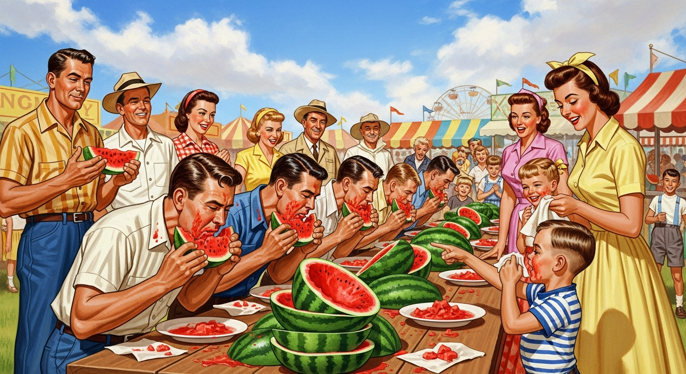 A nostalgic illustration of a lively 1950s American county fair, with families gathered around a long table watching a watermelon eating contest. Bright sunshine, vintage clothing, and a general atmosphere of wholesome summer fun. Emphasize the messy joy of eating watermelon.