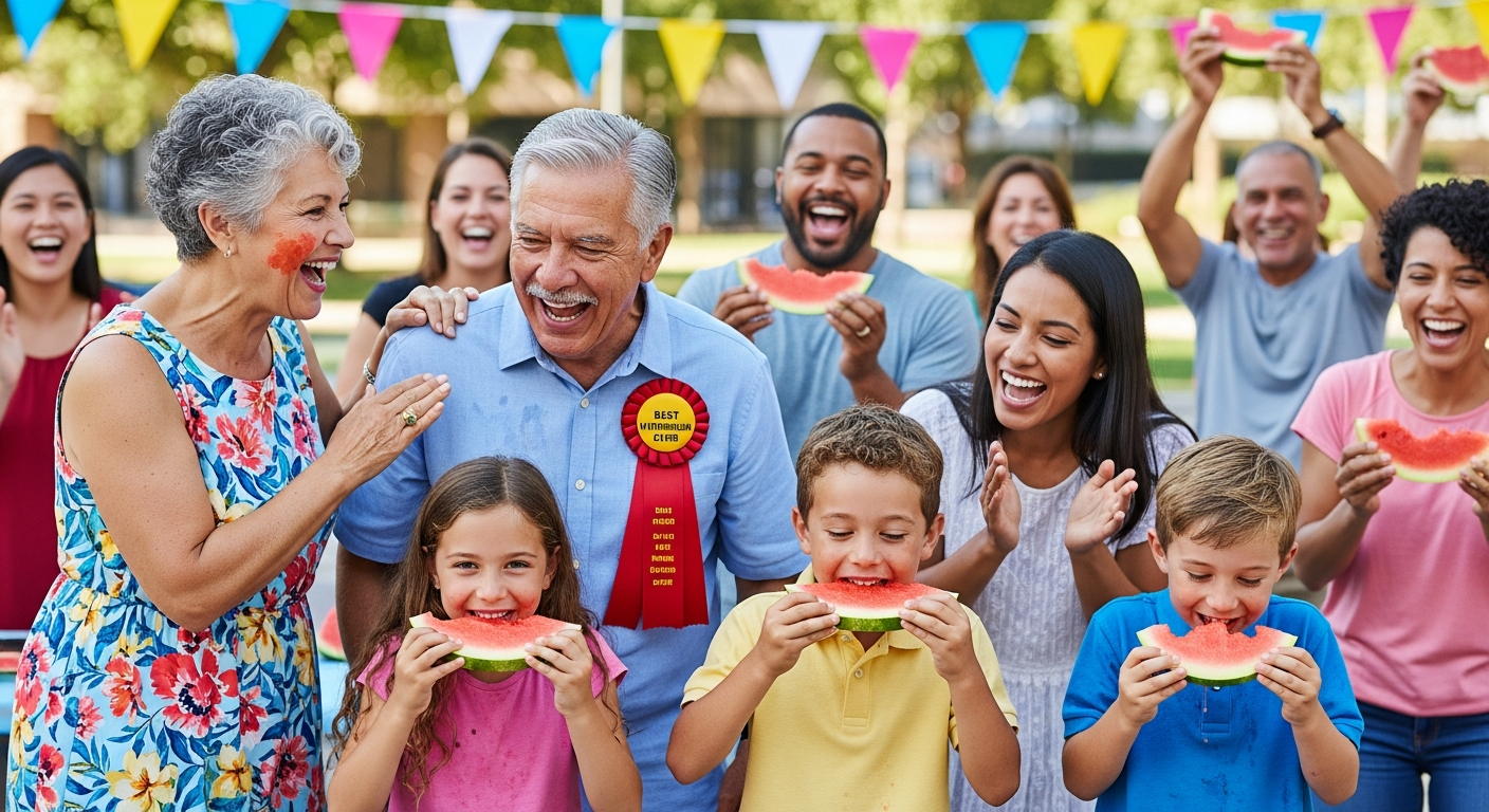 A heartwarming photograph capturing multiple generations (grandparents, parents, children) laughing and cheering at a modern-day community watermelon eating contest. Focus on the expressions of joy and togetherness, with watermelon juice and seeds playfully visible. Show a diverse group of Americans enjoying the tradition.