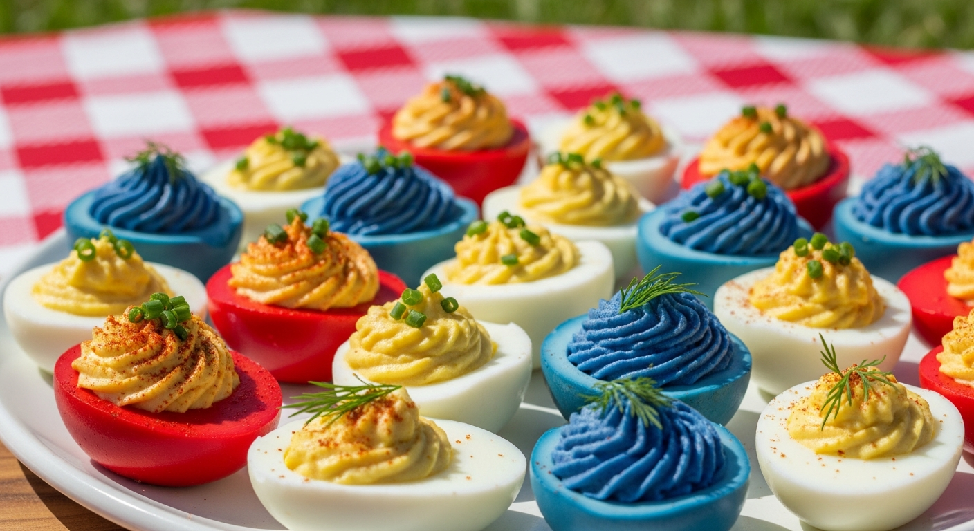 A vibrant platter of red, white, and blue deviled eggs with a classic American picnic blanket in the background.