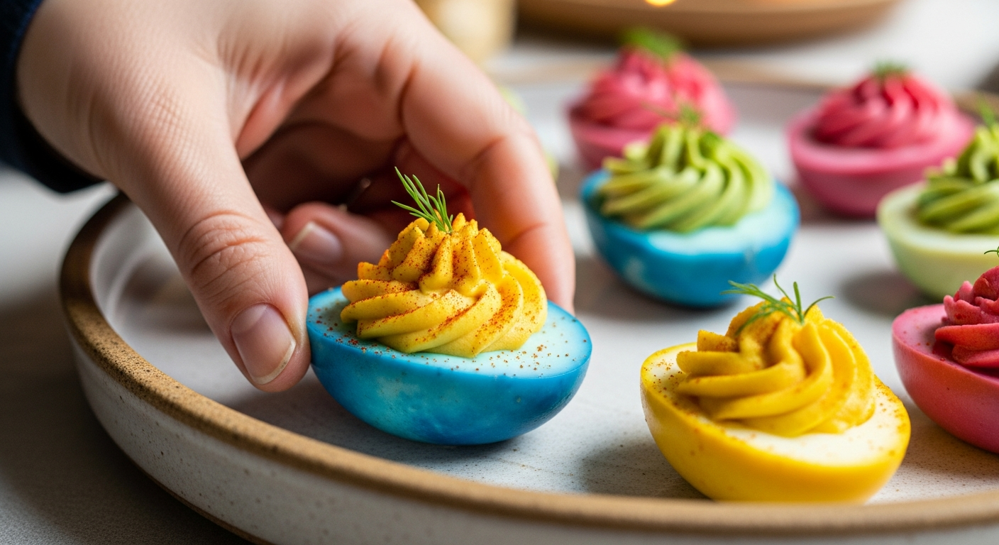 Close-up of a hand carefully placing a blue deviled egg onto a festive serving dish, showing the natural dyes.