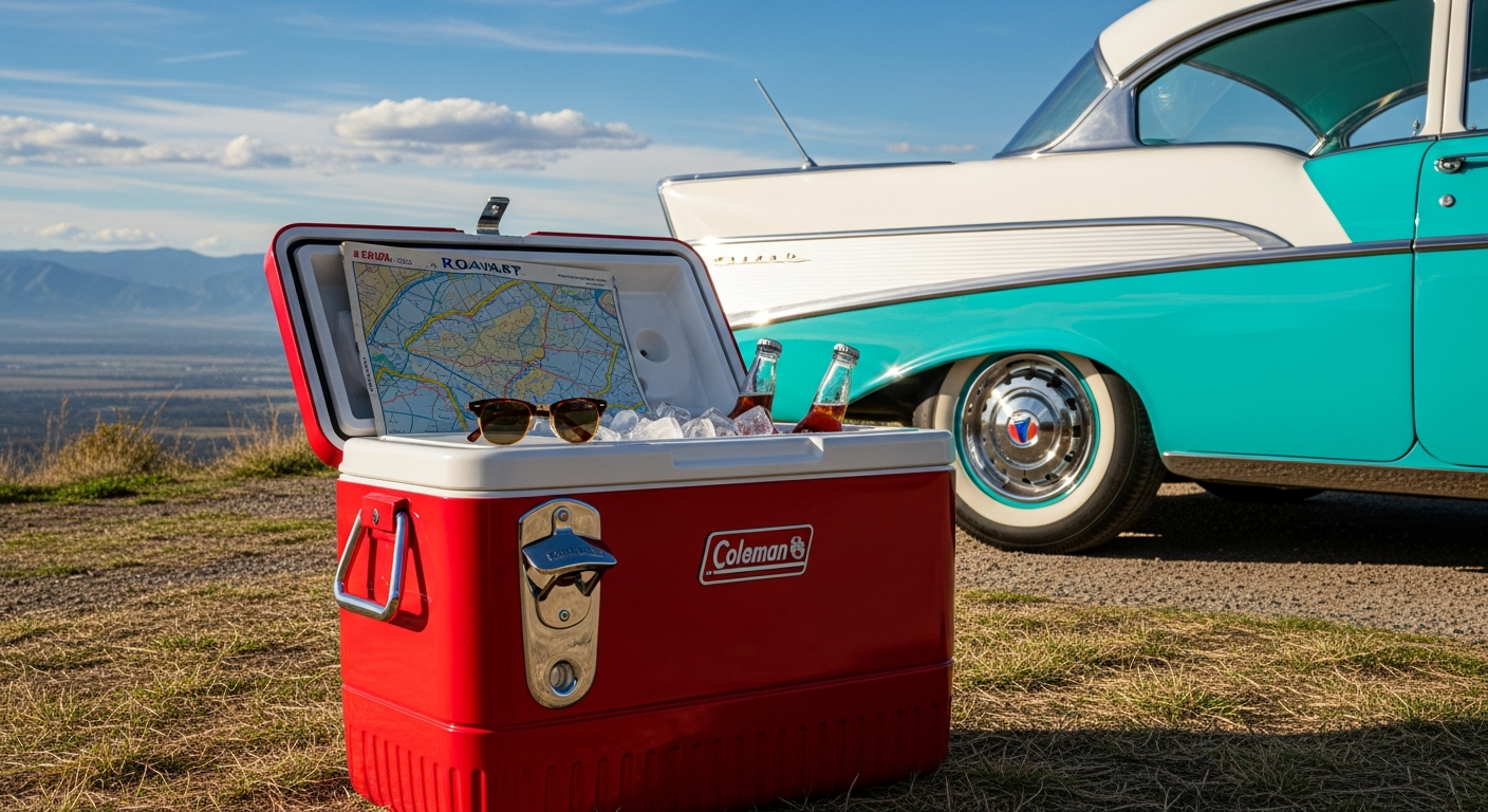 A vibrant, cherry-red classic Coleman steel cooler with chrome accents, sitting next to a shiny, two-tone 1950s American car at a scenic overlook on a sunny day. The cooler has an integrated bottle opener on the side. The scene evokes a 'mid century american travel' vibe.
