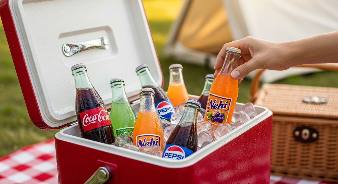 An open vintage steel cooler filled with ice and an assortment of classic glass bottle sodas (Coca-Cola, Pepsi, Nehi). Condensation beads on the bottles. A hand reaches in to grab a soda. The background suggests a family picnic or vintage camping gear setup, perhaps by a lake or in a sunny park.