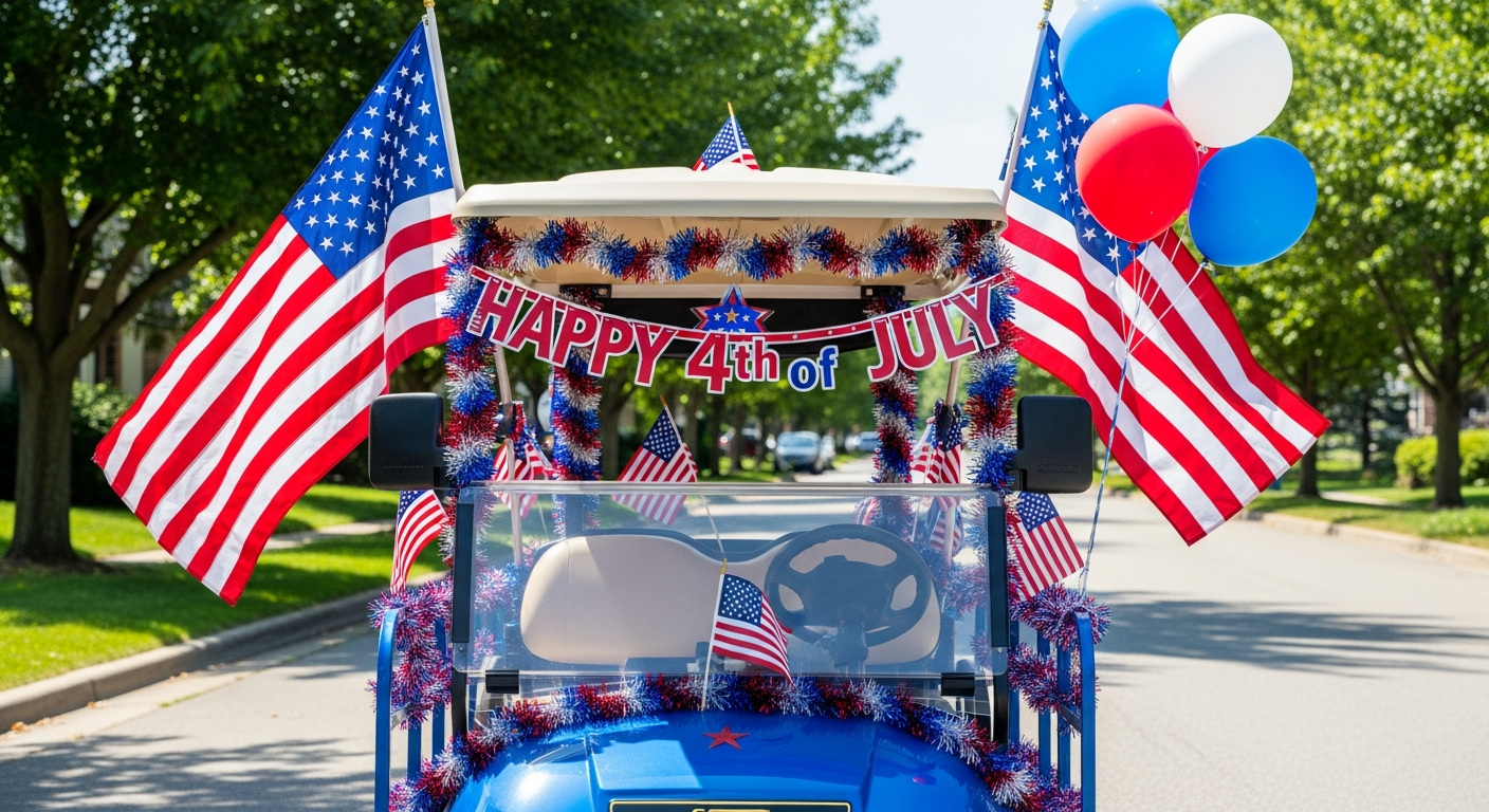 A vibrant golf cart heavily decorated for the 4th of July, featuring multiple American flags of different sizes, red, white, and blue tinsel garlands wrapped around the canopy and railings, balloons clustered at the back, and a 'Happy 4th of July' banner. The cart is parked on a sunny suburban street with green trees in the background.