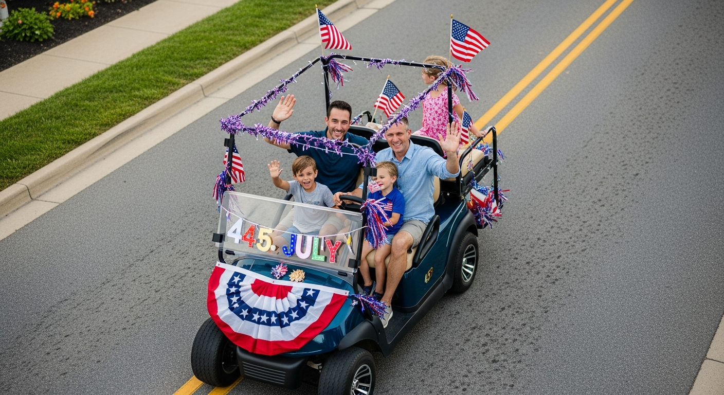 An overhead view of a family (a couple and two children) smiling and waving from a beautifully decorated 4th of July golf cart, driving slowly down a street during a community parade. The cart is adorned with flags, streamers, and LED lights. The focus is on their joyful interaction with onlookers. The scene captures the essence of community and celebration.