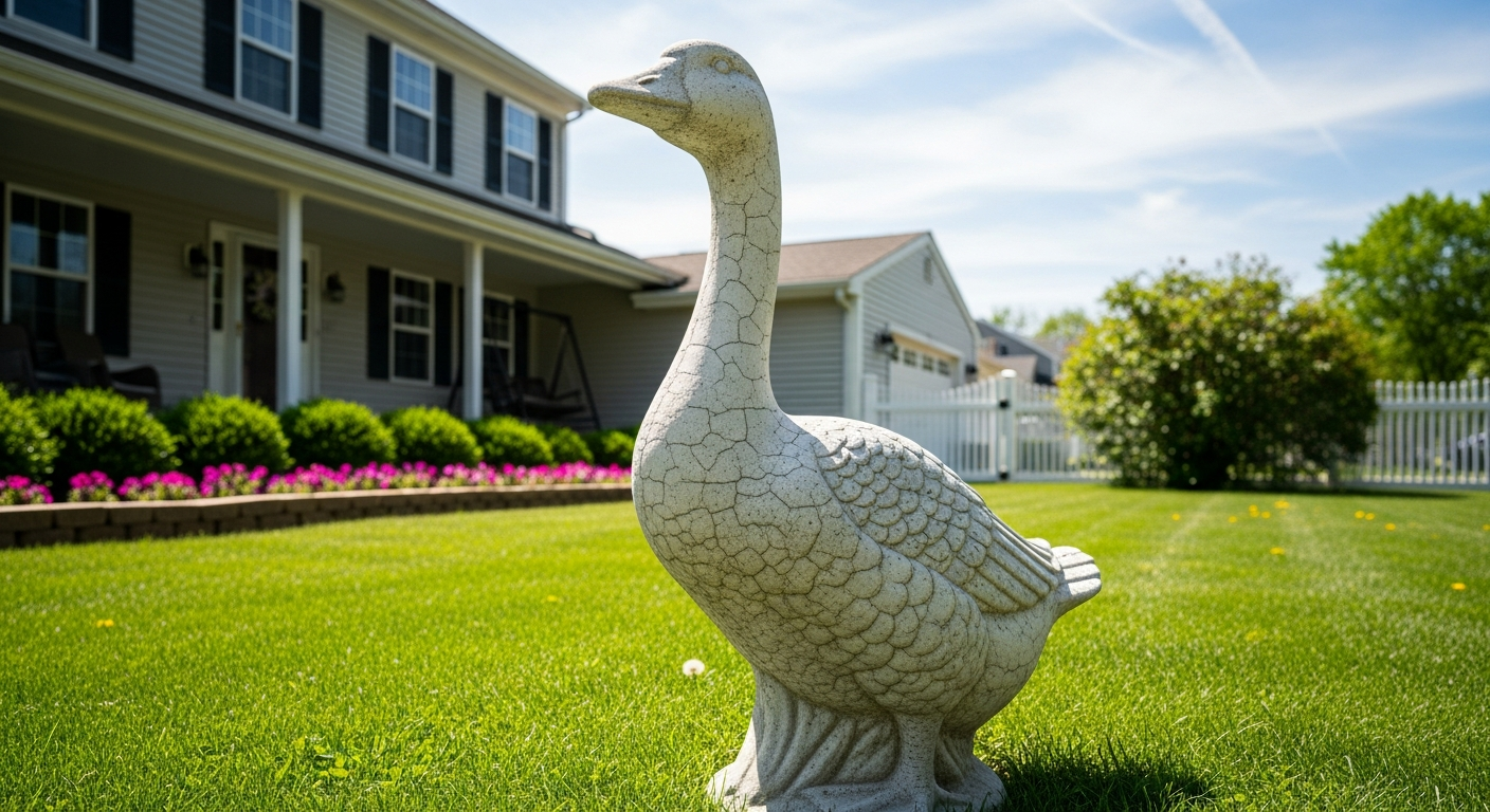 A vintage concrete porch goose standing proudly on a suburban lawn in the 1980s, undressed, with a quaint American house in the background. Emphasize the concrete texture and classic, somewhat stoic pose. Sunny day, green grass.