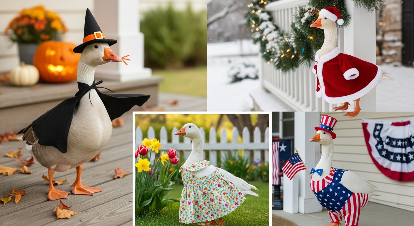 A collage of diverse, creatively dressed porch geese for various seasons and holidays, showcasing different porch goose outfits. Include a goose in a Halloween costume, a Christmas outfit, a spring floral dress, and a patriotic 4th of July ensemble. Show them on different porches or garden settings, highlighting the community aspect. Bright, cheerful, and full of character.