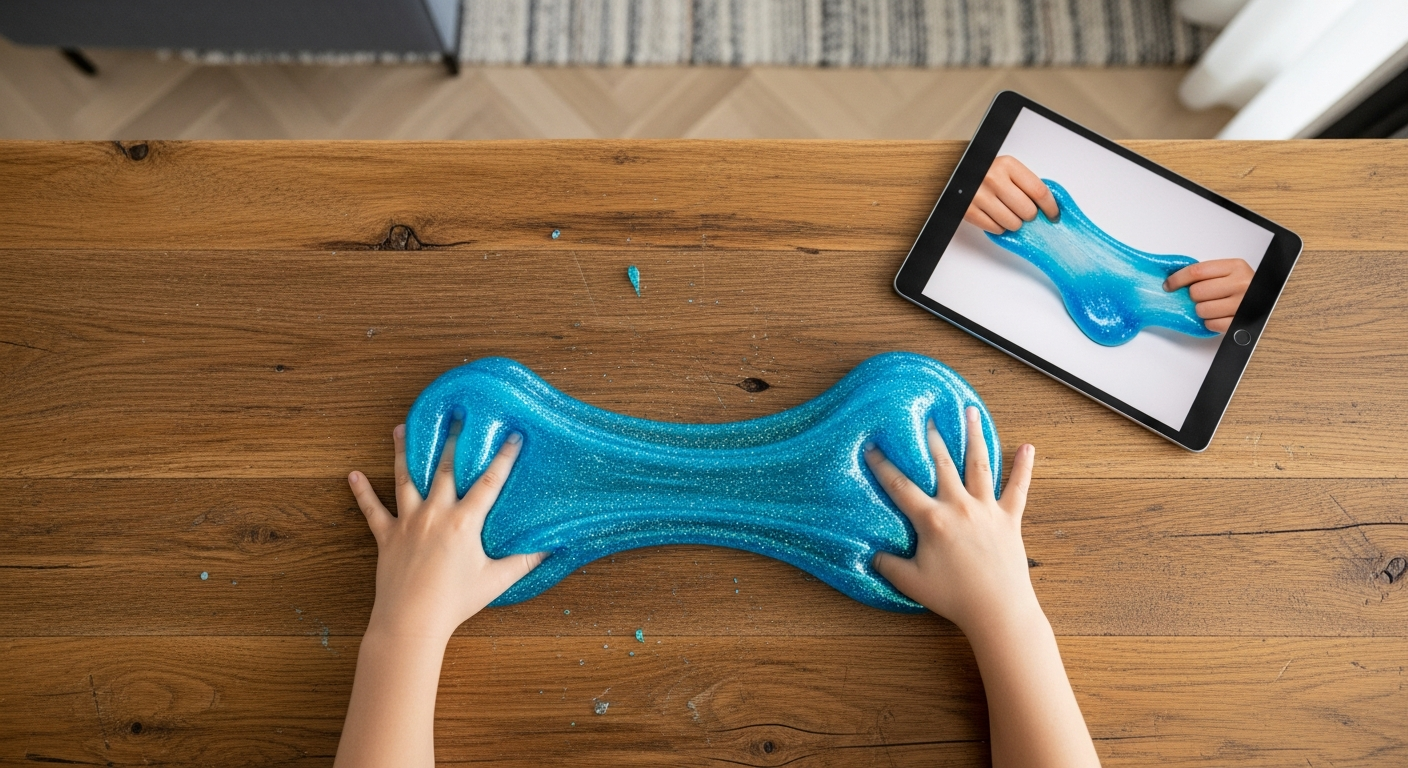 An overhead shot of a child's hands stretching a vibrant, glittery blue DIY slime on a wooden table, with a blurred background of a modern living room and a tablet displaying a slime tutorial.