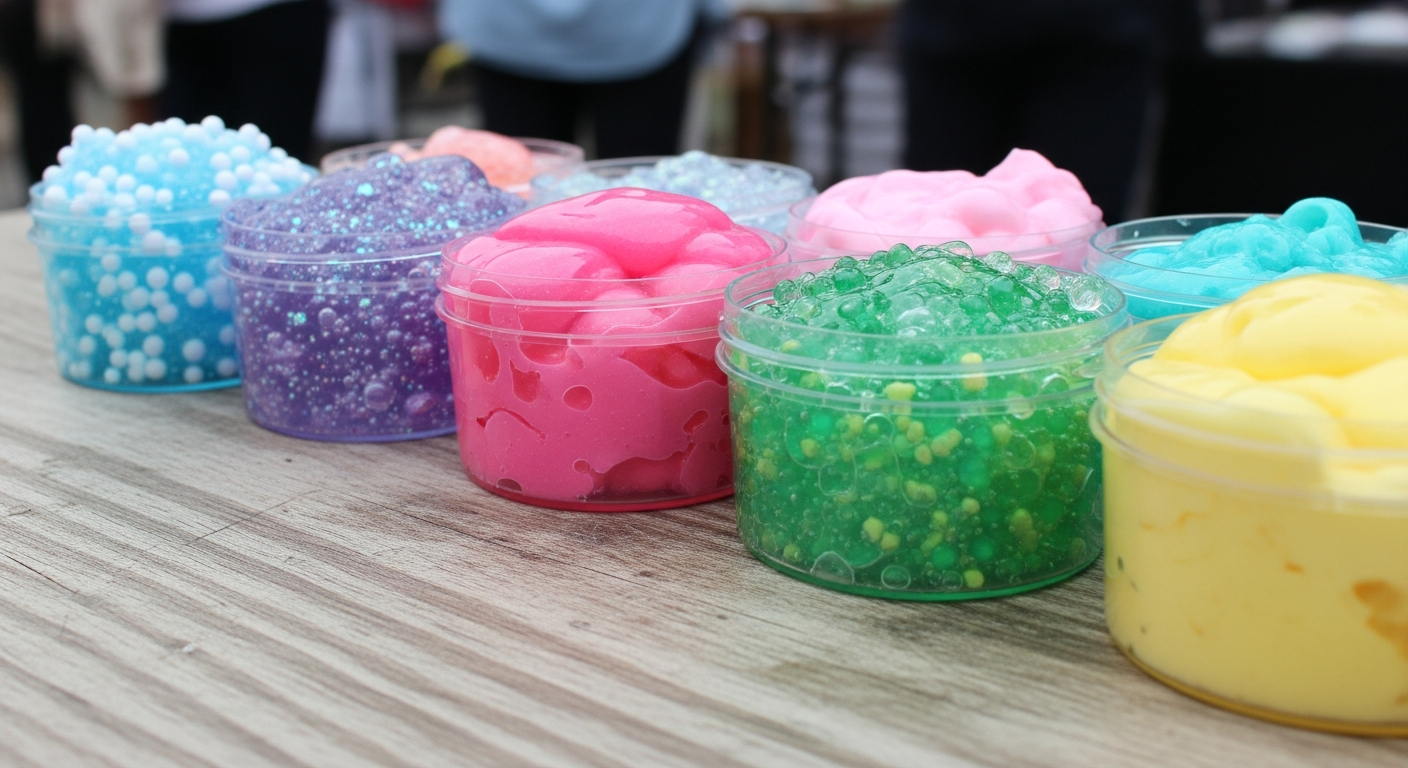 A close-up of various colorful homemade slimes in small, clear plastic containers, neatly arranged on a rustic wooden table at a local craft fair, with a blurred background of people browsing. Focus on textures and colors.