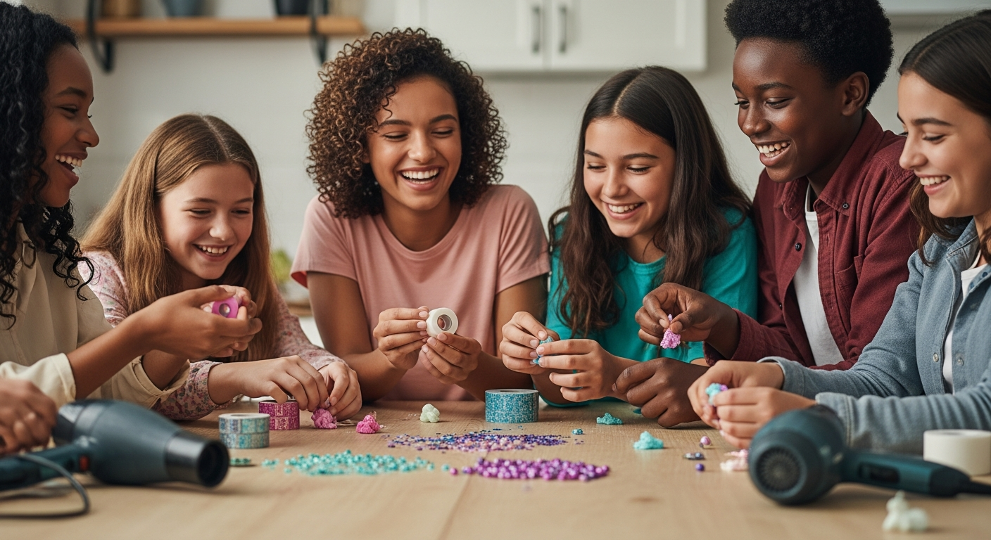 A warm, inviting image of a diverse group of young people, perhaps teens or pre-teens, gathered around a kitchen table, laughing and engaged in making nano tape squishies. They have rolls of nano tape, colorful glitter, small beads, and hair dryers. The lighting is soft and natural, emphasizing joy and community. Capture the essence of modern youth crafting, with a nod to traditional communal craft activities.