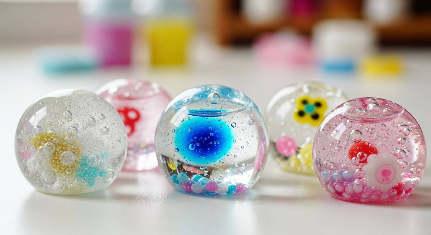 A close-up, vibrant image showcasing a collection of finished nano tape squishies. Each squishy is unique, filled with different materials like shimmering glitter, clear water with a drop of blue food coloring, tiny colorful beads, and small decorative charms. The squishies are translucent and bubbly, reflecting light. The background is softly blurred, perhaps showing crafting supplies or a cozy home environment, highlighting the 'creative DIY squishy' aspect.