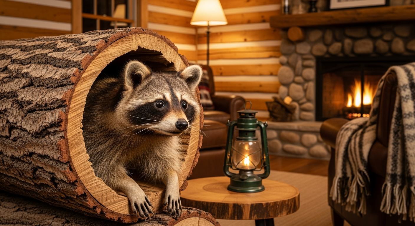 A beautifully preserved, vintage taxidermied raccoon peeking from a hollow log, displayed in a cozy, rustic cabin interior with warm lighting and wooden walls.