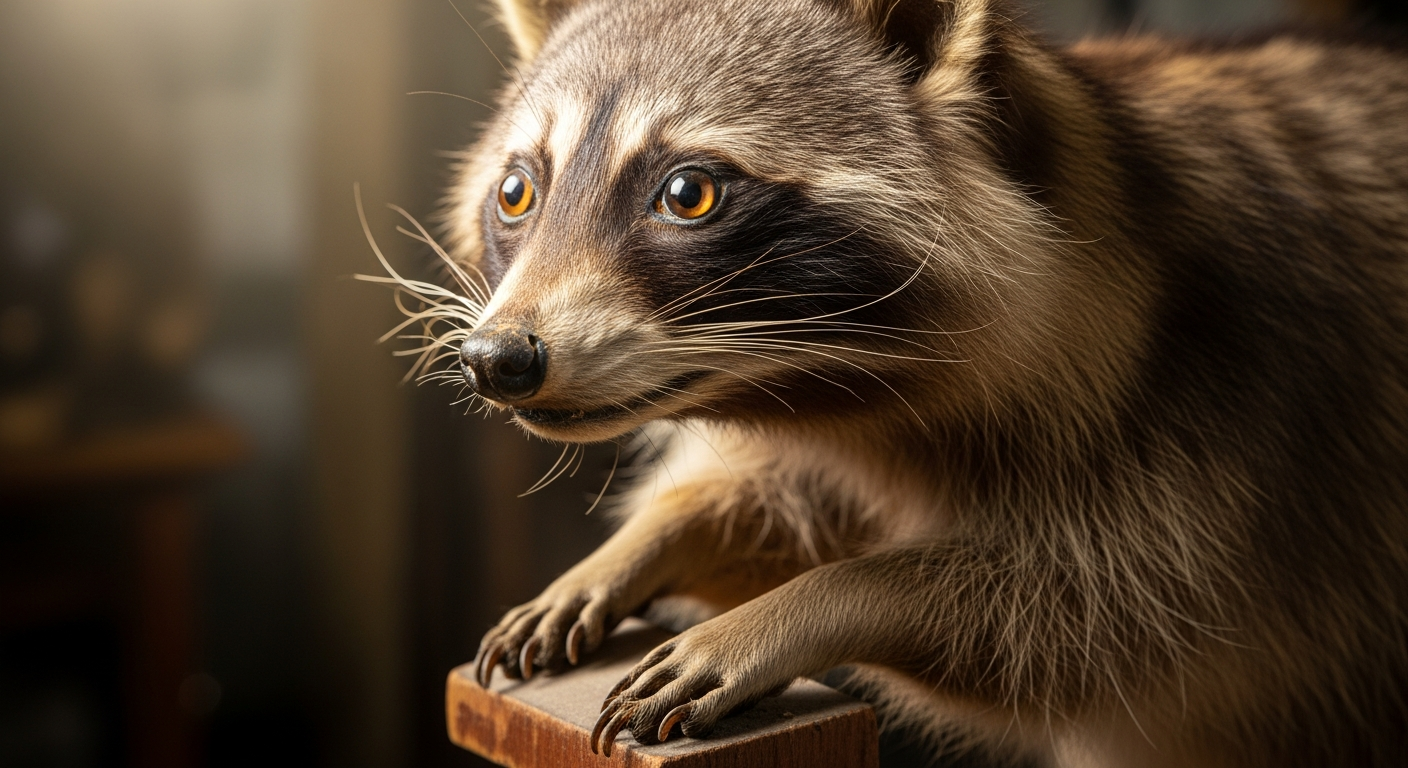 A close-up shot of an antique taxidermied raccoon mount, showcasing its detailed fur and glass eyes, with soft light falling on it, emphasizing its historical and artistic value.