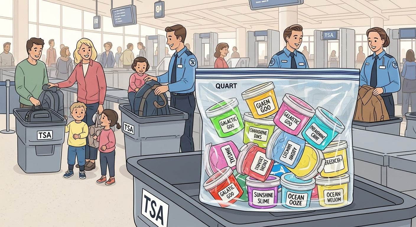 An illustration of a clear, quart-sized plastic bag filled with small, labeled containers of different colored slime, next to a TSA bin. The background shows a bustling but orderly airport security checkpoint, with smiling families and TSA agents in the distance, conveying a stress-free travel experience. The overall tone is bright and hopeful.