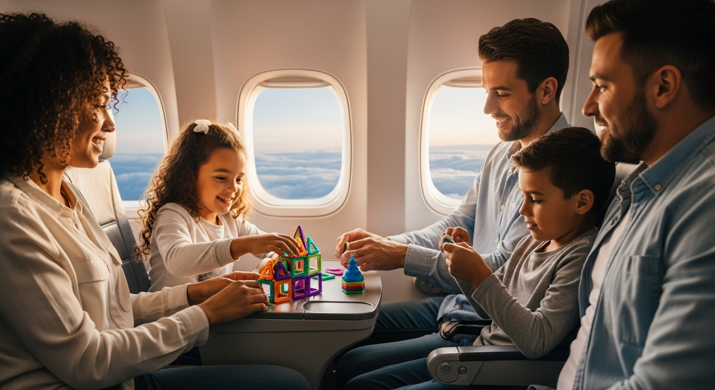 A warm, inviting image of a diverse American family (parents and two children) comfortably seated on an airplane, happily engaged with various non-liquid sensory toys like magnetic blocks and a quiet fidget toy. The children are smiling, and the parents look relaxed. The airplane window shows a serene sky. The scene emphasizes easy, joyful, and compliant travel.