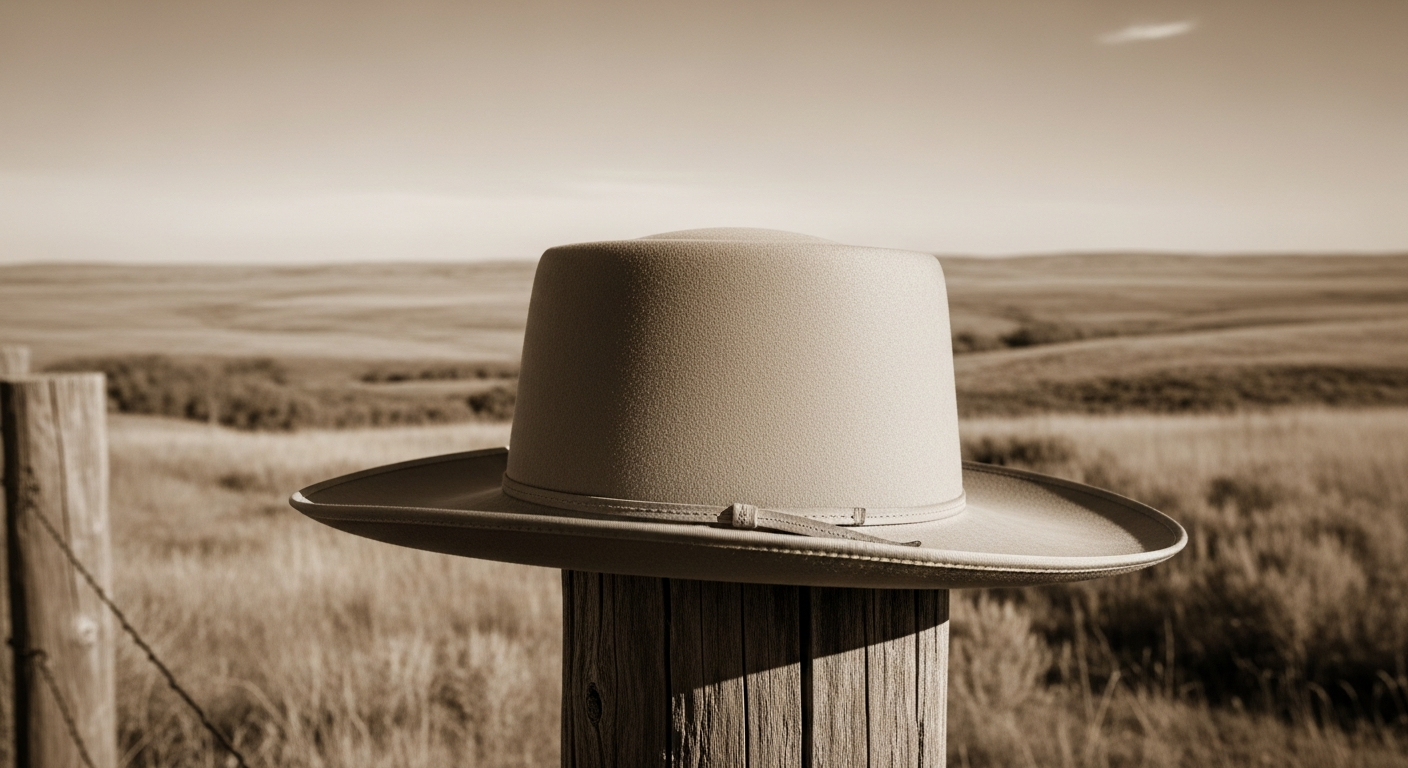 A sepia-toned image of an original 'Boss of the Plains' cowboy hat from 1865, resting on a rustic wooden fence post with a vast, open American prairie landscape in the background under a clear sky. The hat should have a wide, flat brim and an uncreased, round crown. Emphasize historical authenticity and the rugged, functional design.