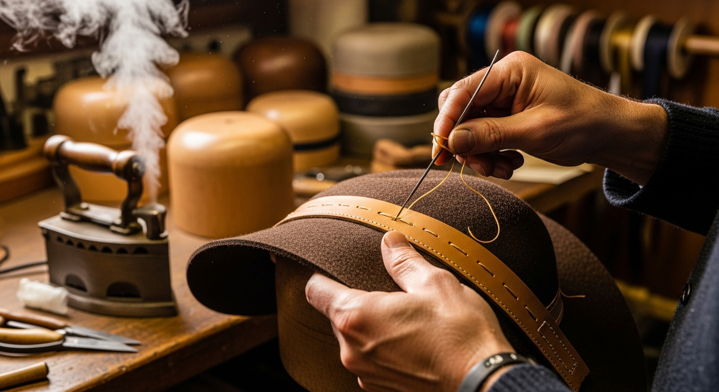 A close-up, highly detailed shot of an artisan's hands carefully stitching the leather sweatband into a partially completed fur felt cowboy hat in a traditional hat-making workshop. Tools like hat blocks and steam irons are visible in the soft-focused background, highlighting the meticulous craftsmanship and the process of how cowboy hats are made.