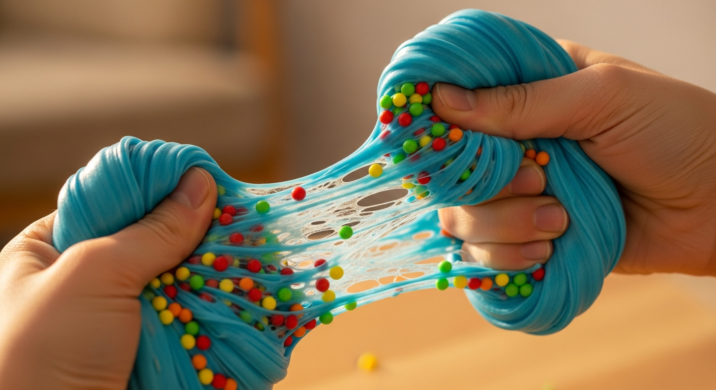 A warm, inviting shot of hands gently stretching and squishing vibrant blue crunchy slime filled with colorful foam beads, capturing the satisfying texture and implied sound. The background is softly blurred, suggesting a cozy home environment. Focus on the hands and slime, with good lighting highlighting the bead texture.