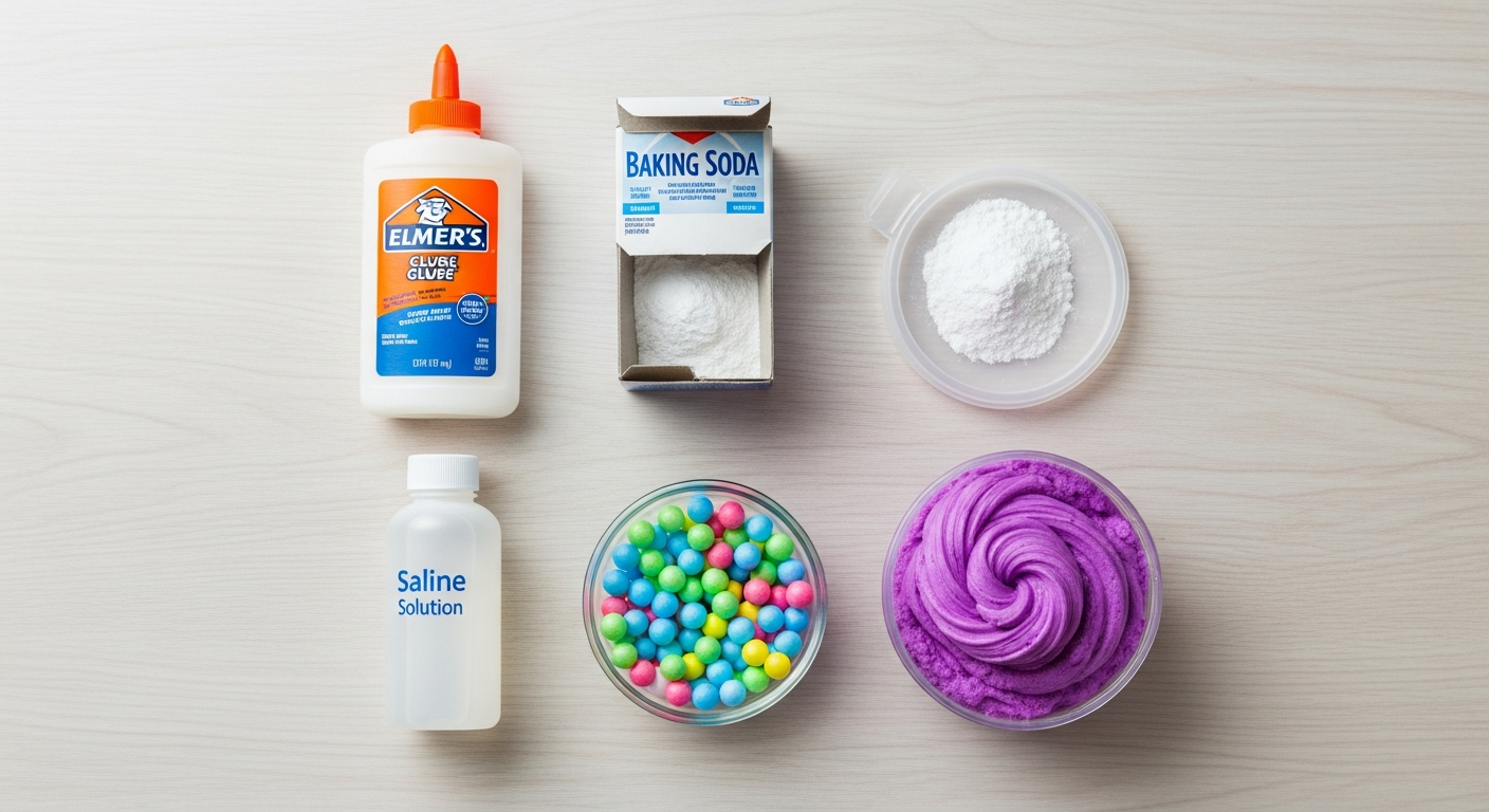 An overhead shot of a clean, well-lit crafting table. Various ingredients for making crunchy slime are neatly laid out: a bottle of Elmer's glue, baking soda, saline solution, a small bowl of colorful foam beads, and a finished, vibrant purple crunchy slime in a clear container. The scene evokes a sense of calm, creative productivity.