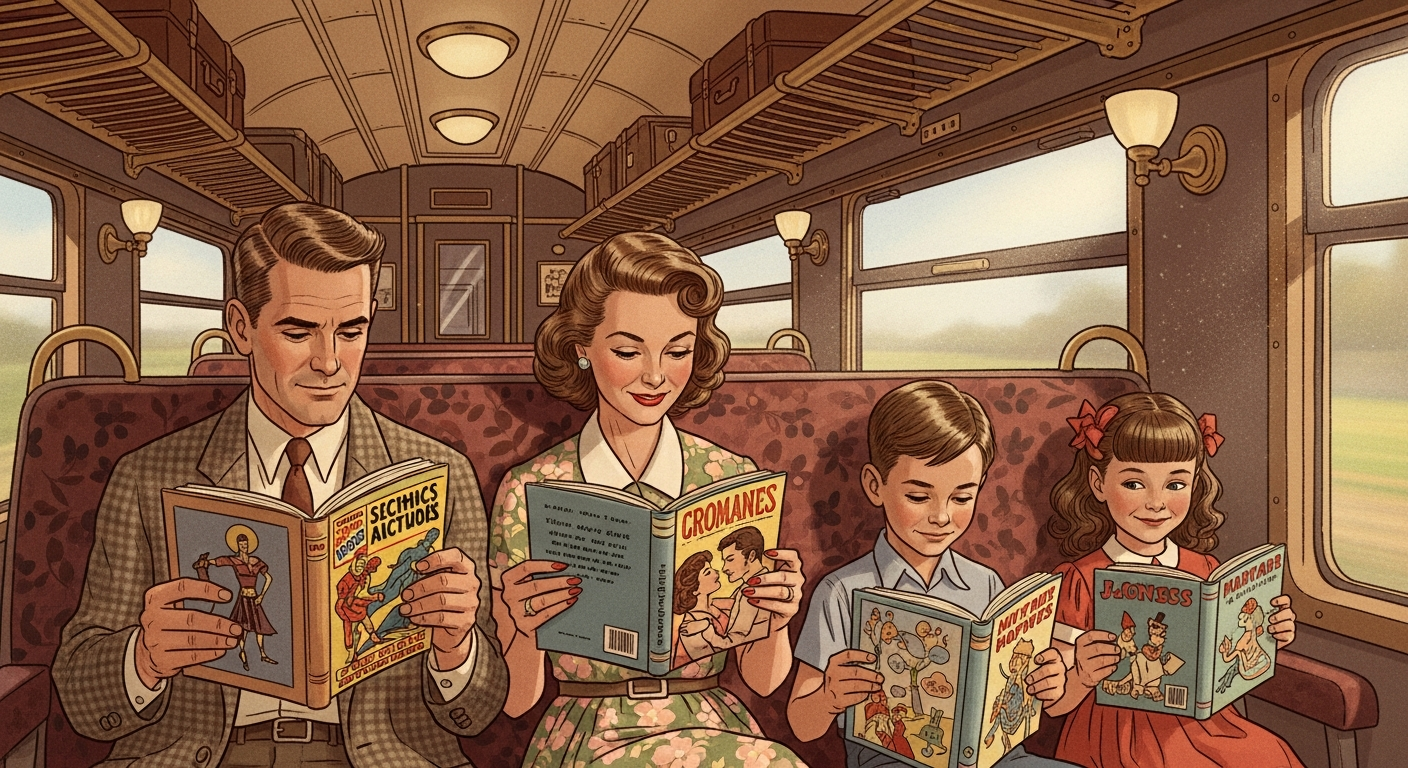 An illustration of a vintage American family on a train in the mid-20th century, with parents and children engrossed in reading cheap paperbacks. The train car is slightly crowded but comfortable, showing details of classic train interiors. The art style should be warm and nostalgic, evoking a sense of traditional American travel.