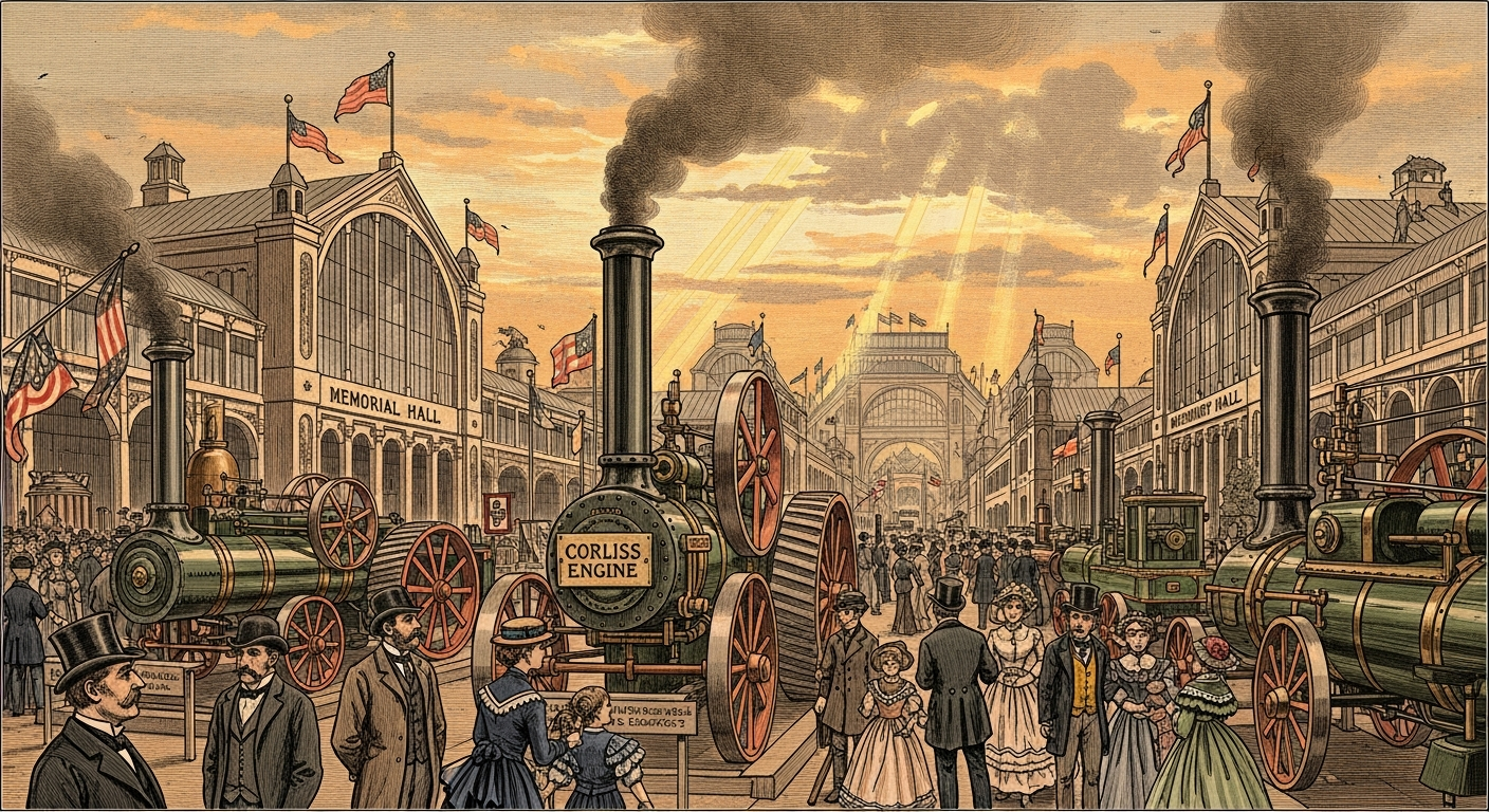 A vibrant, sepia-toned illustration of the 1876 Centennial International Exhibition in Philadelphia, showing grand exhibition halls, early steam engines, and diverse crowds of people marveling at new inventions. Emphasize a sense of wonder and progress.