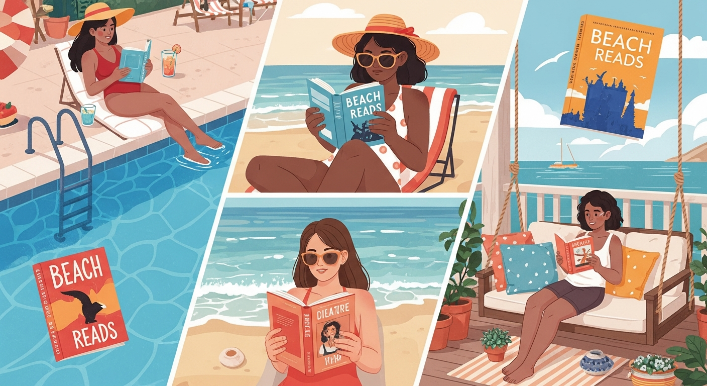 A vibrant and inviting illustration of a diverse group of people enjoying various 'beach reads' in different summer settings: one person reading by a sparkling swimming pool, another on a sun-drenched beach with gentle waves, and a third on a cozy porch swing. The books are visible, and the overall mood is relaxed and joyful, capturing the essence of a modern summer reading experience with traditional warmth.