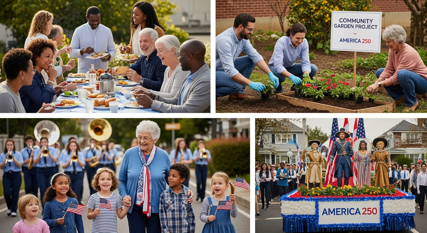 A modern, hopeful image of diverse American families and communities participating in local events, like a neighborhood parade with flags, children learning about history from an elder, or volunteers working on a community project, all with subtle 'America 250' branding. Focus on unity and intergenerational connection.