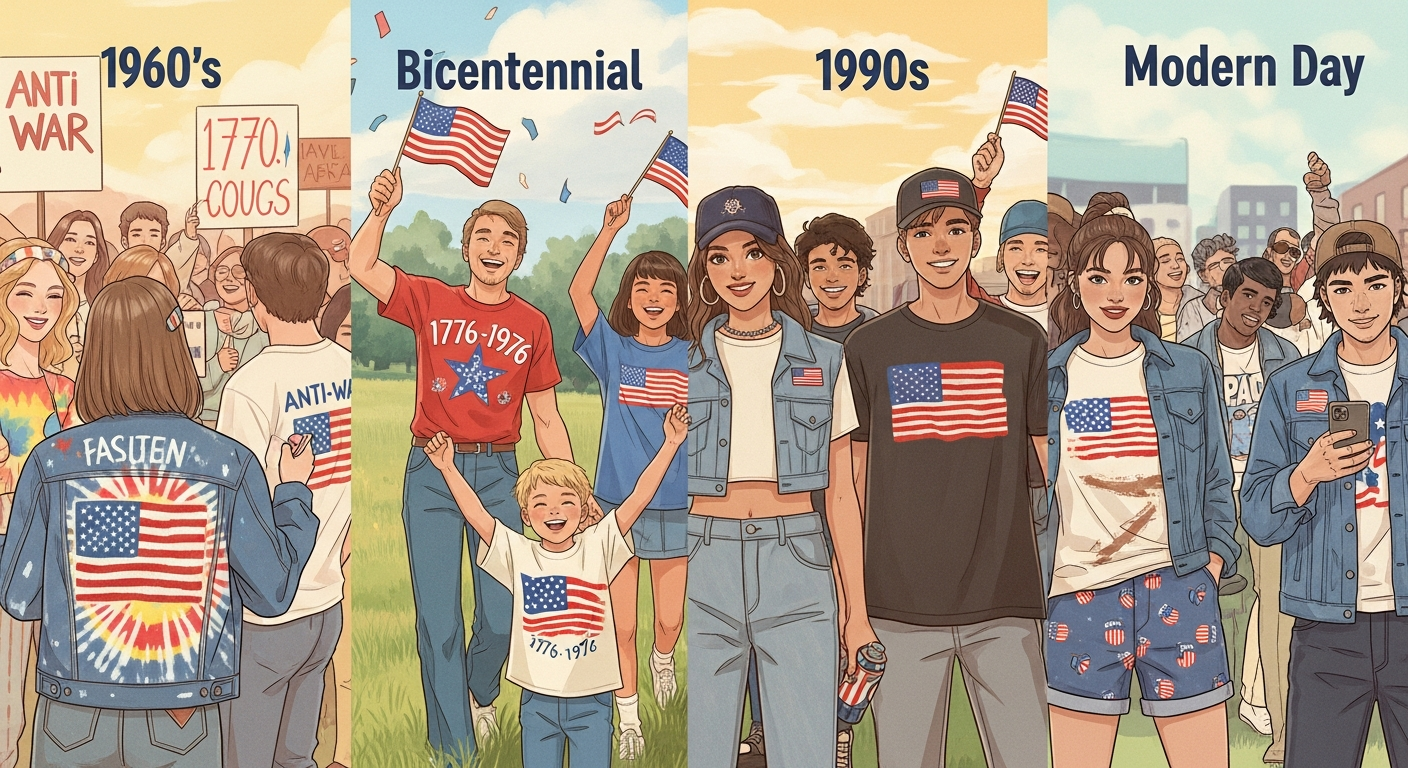A warm, vintage-style illustration showing diverse Americans through the decades (1960s, 1970s Bicentennial, 1990s, modern day) wearing various American flag-themed fashion items, from protest shirts to bicentennial tees, to casual patriotic wear. Focus on the evolution from formal flag use to everyday fashion, with a sense of joy and community.