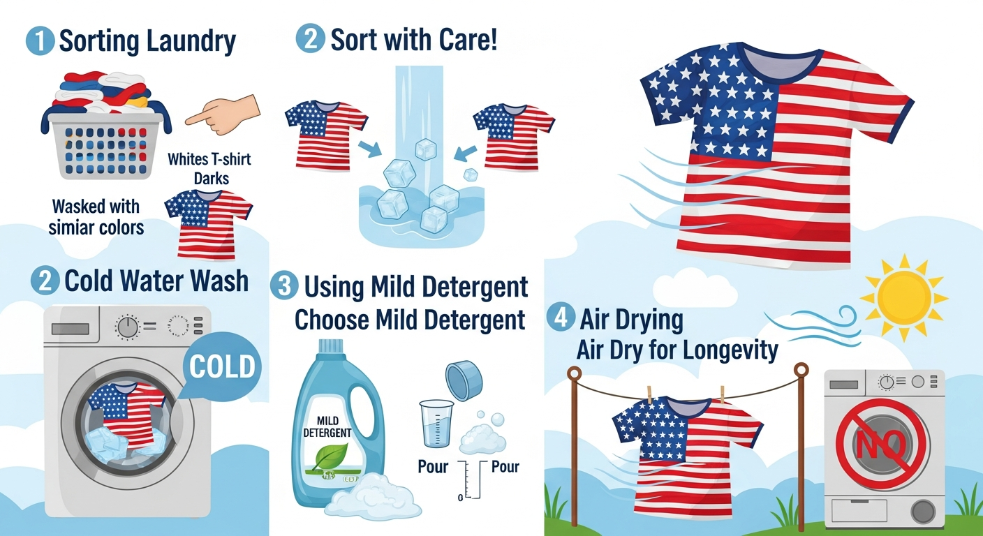 An inviting, step-by-step infographic or illustration showing how to properly care for a red, white, and blue patriotic t-shirt. Include visuals for sorting laundry, washing in cold water, using a mild detergent, and air drying, with a focus on preventing color bleed and fading. The colors should be vibrant and clean.