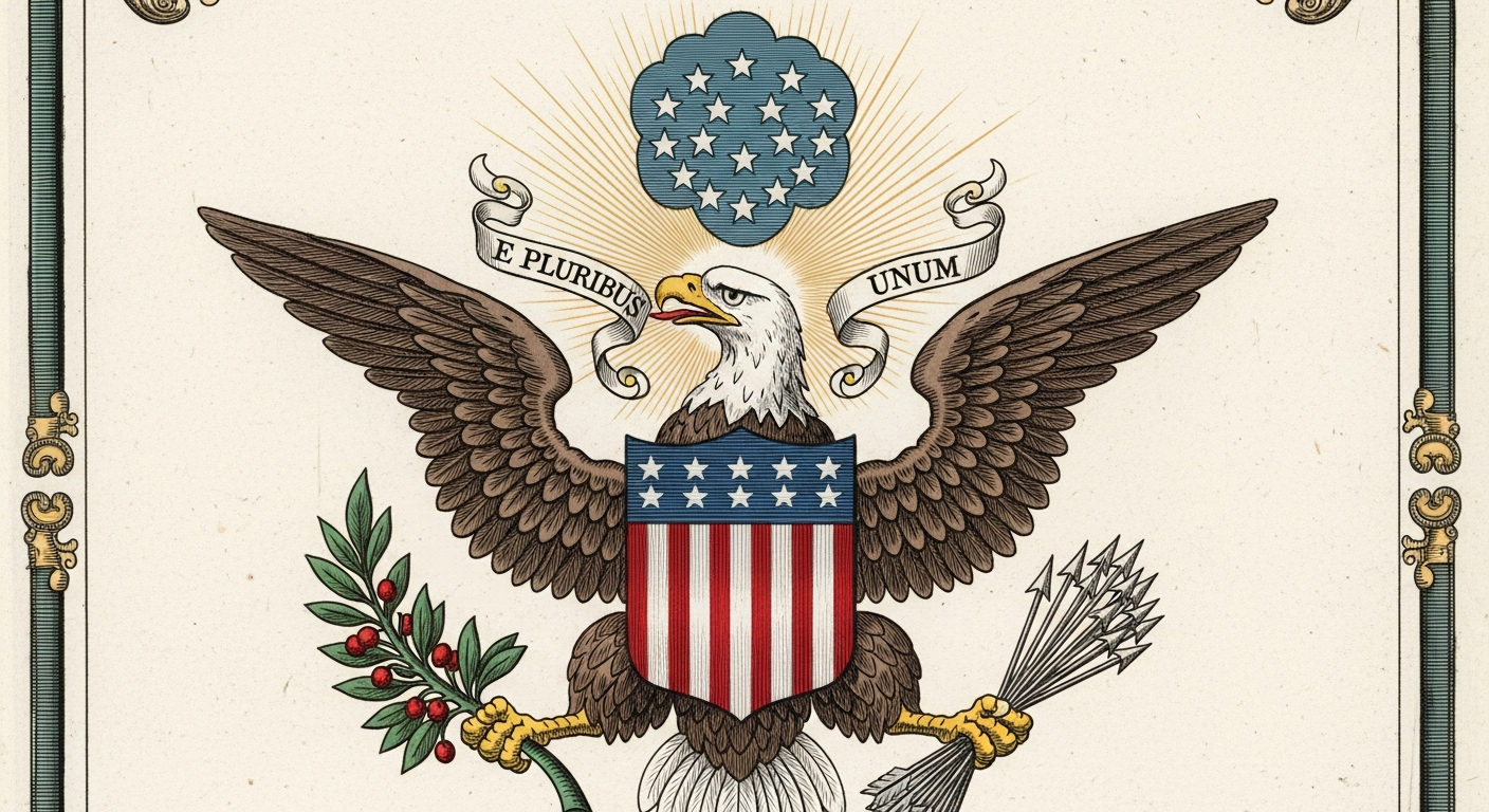 A detailed, historical illustration or drawing of the Great Seal of the United States, clearly showing the bald eagle with the olive branch, arrows, shield, and motto 'E Pluribus Unum'. The style should be reminiscent of 18th-century heraldry.