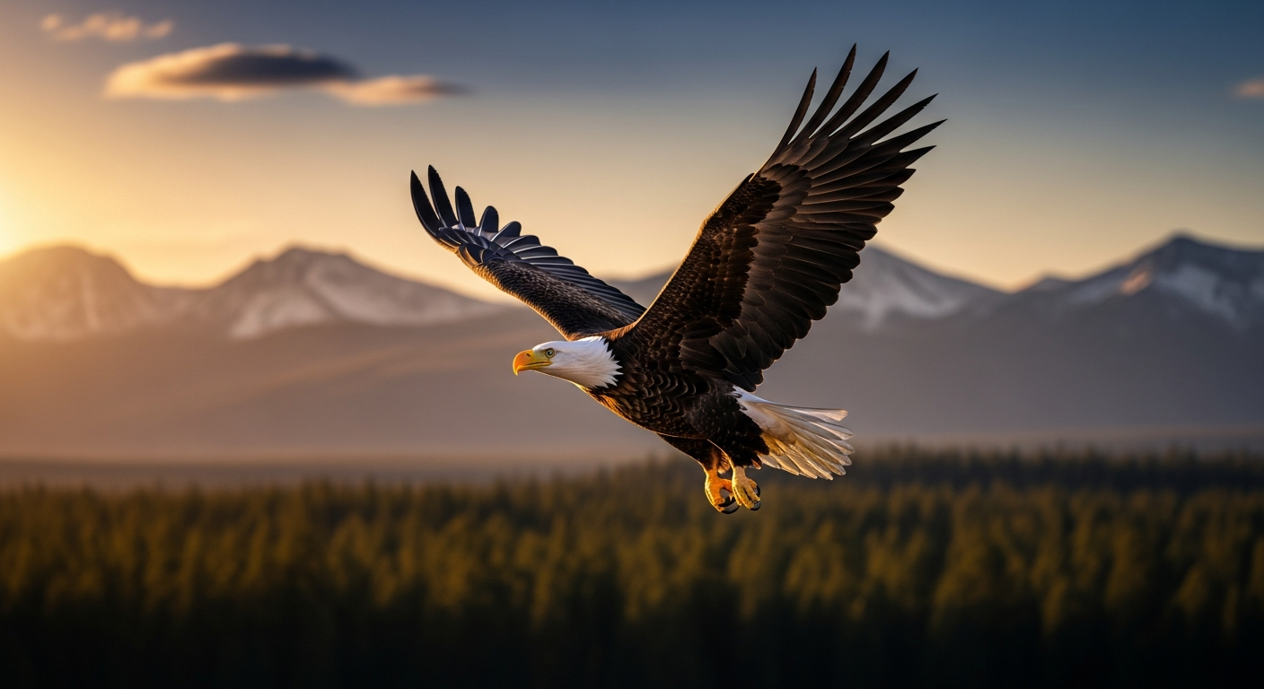 A majestic photograph of a bald eagle in flight, soaring against a backdrop of a beautiful American landscape, perhaps a mountain range or a vast forest, symbolizing freedom and the eagle's successful conservation. The lighting should be dramatic, capturing the power and grace of the bird.