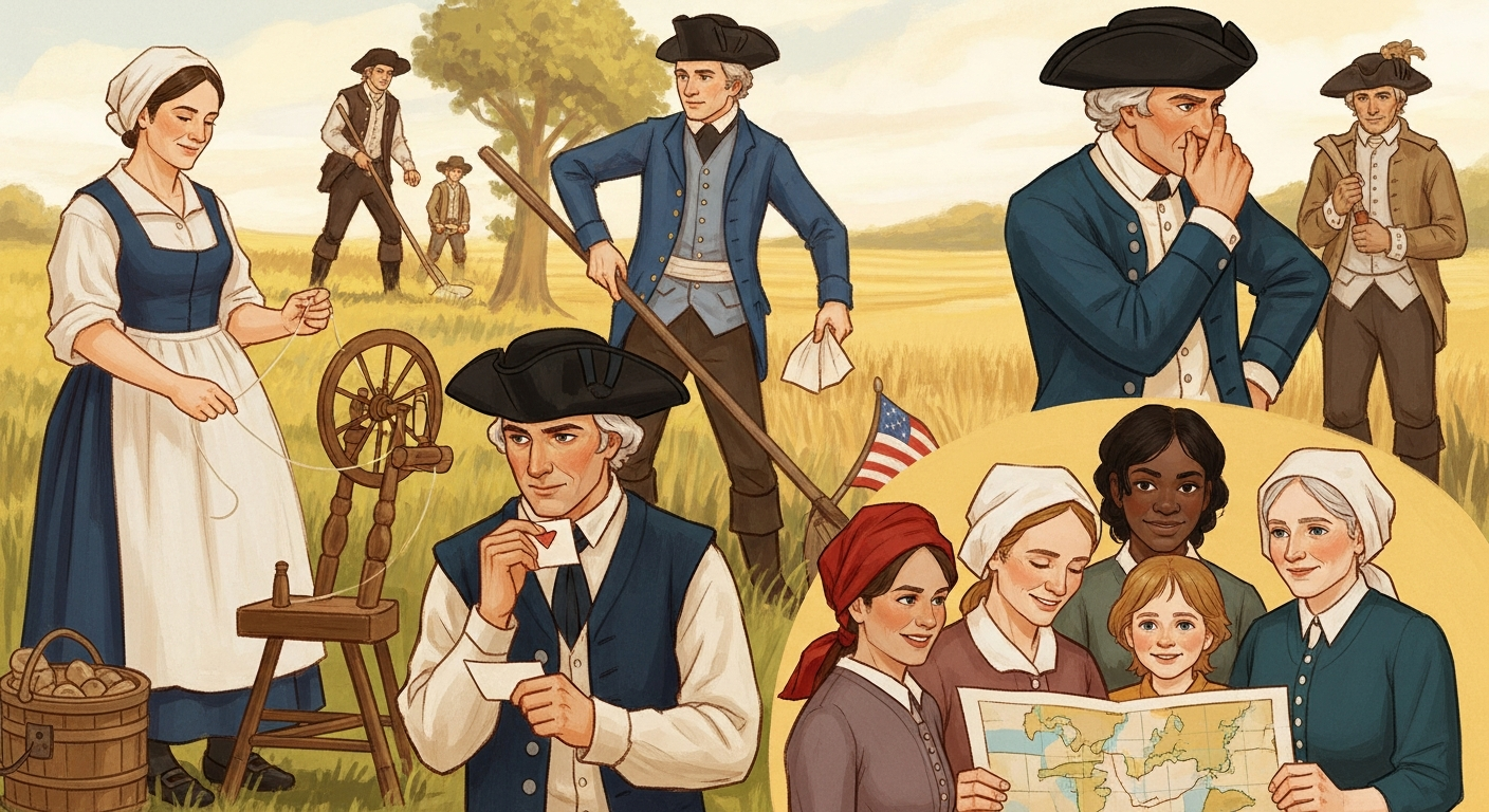 A warm, painterly illustration depicting diverse colonists, including men, women, and a person of color, engaged in various support activities for the American Revolution. Show a woman spinning thread, a farmer working a field, a person discreetly passing a message, and a family gathered around a map. The style should evoke historical authenticity and community spirit, with a hopeful, slightly muted color palette.