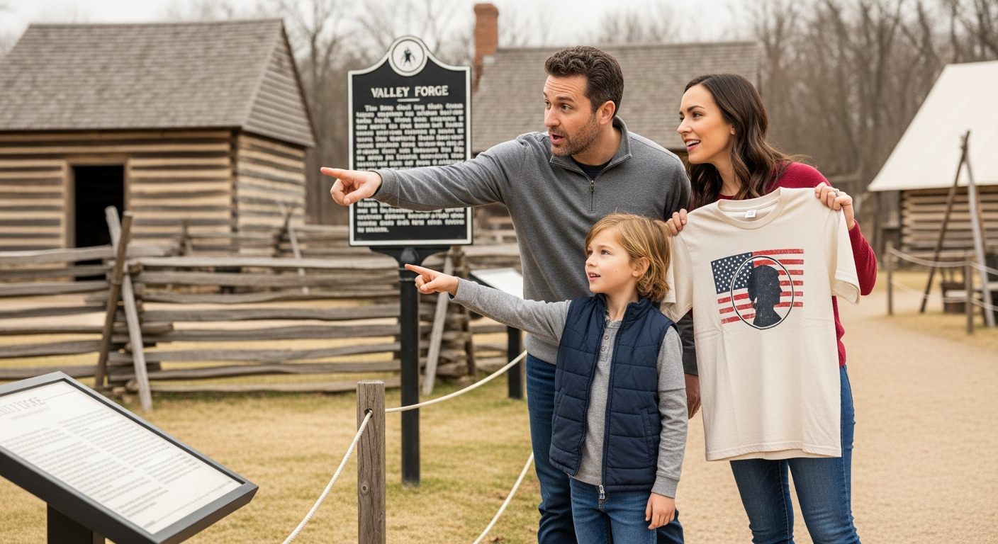 An image showing a modern-day family (parents and a child) visiting a historical site like Valley Forge or Colonial Williamsburg. One family member is pointing at a historical marker or a recreated colonial dwelling, while another holds a vintage-style t-shirt with a subtle patriotic design. The image should convey a sense of connection to history, curiosity, and shared learning.