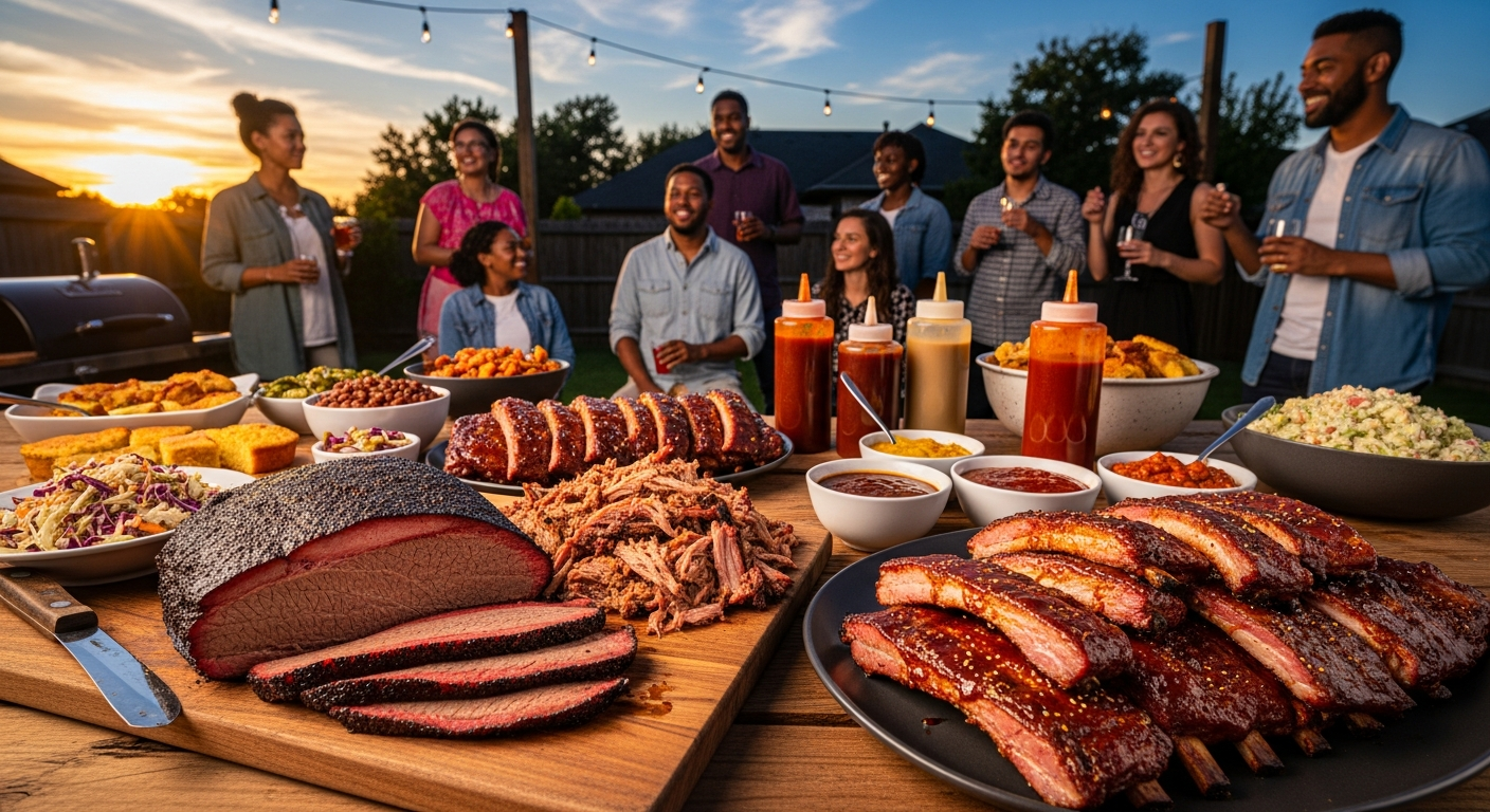 A beautiful shot of a backyard BBQ scene during sunset, with various regional BBQ dishes laid out on a long wooden table, showcasing brisket, pulled pork, ribs, and different sauces. Diverse group of happy people in the background.