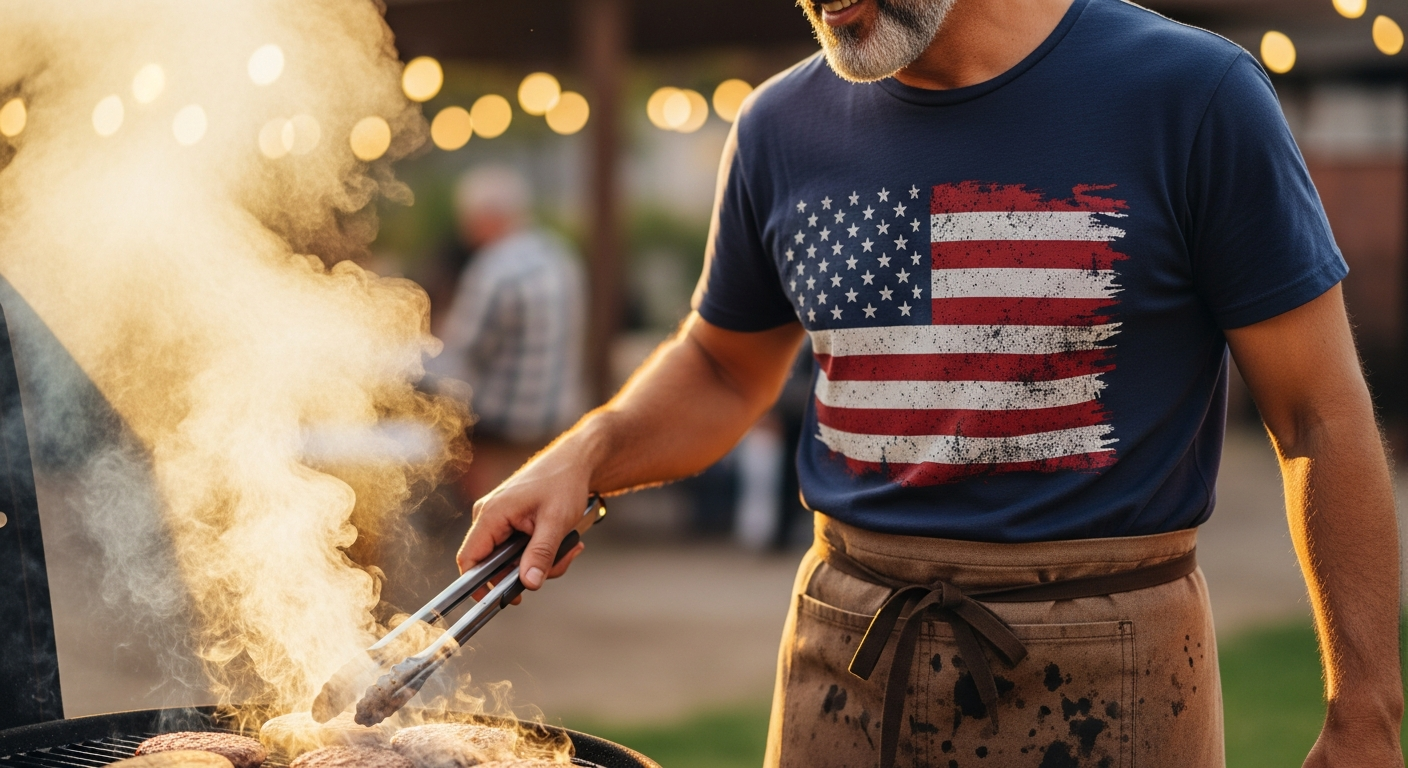 Close-up of a smiling grill master, a wise-looking middle-aged man with a patriotic graphic tee and a well-worn apron, flipping burgers on a hot grill. Smoke is rising, and he's holding tongs. Focus on his comfortable, casual attire.
