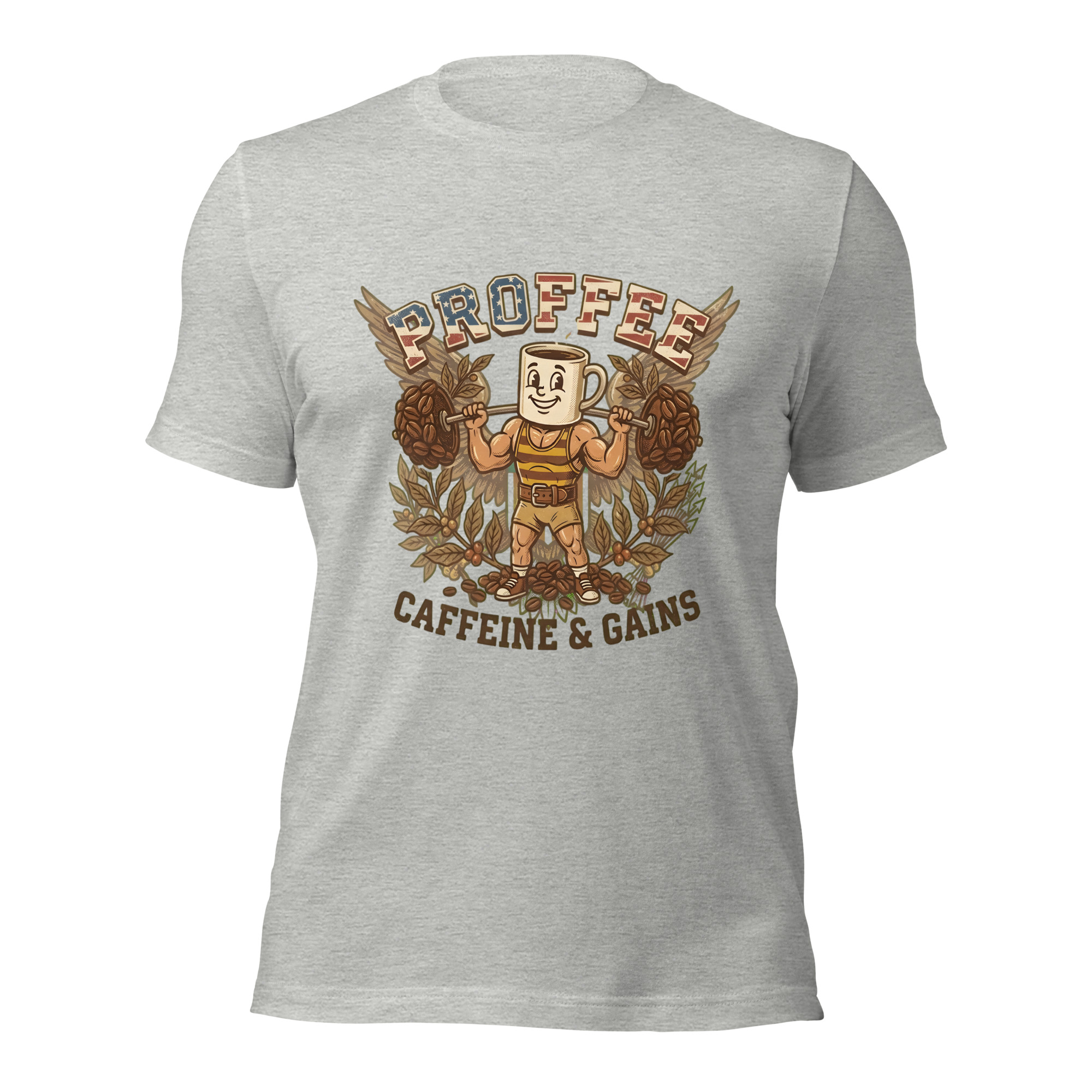 Proffee Caffeine and Gains T-Shirt – Retro Cartoon Fitness Coffee Mascot Gym Tee