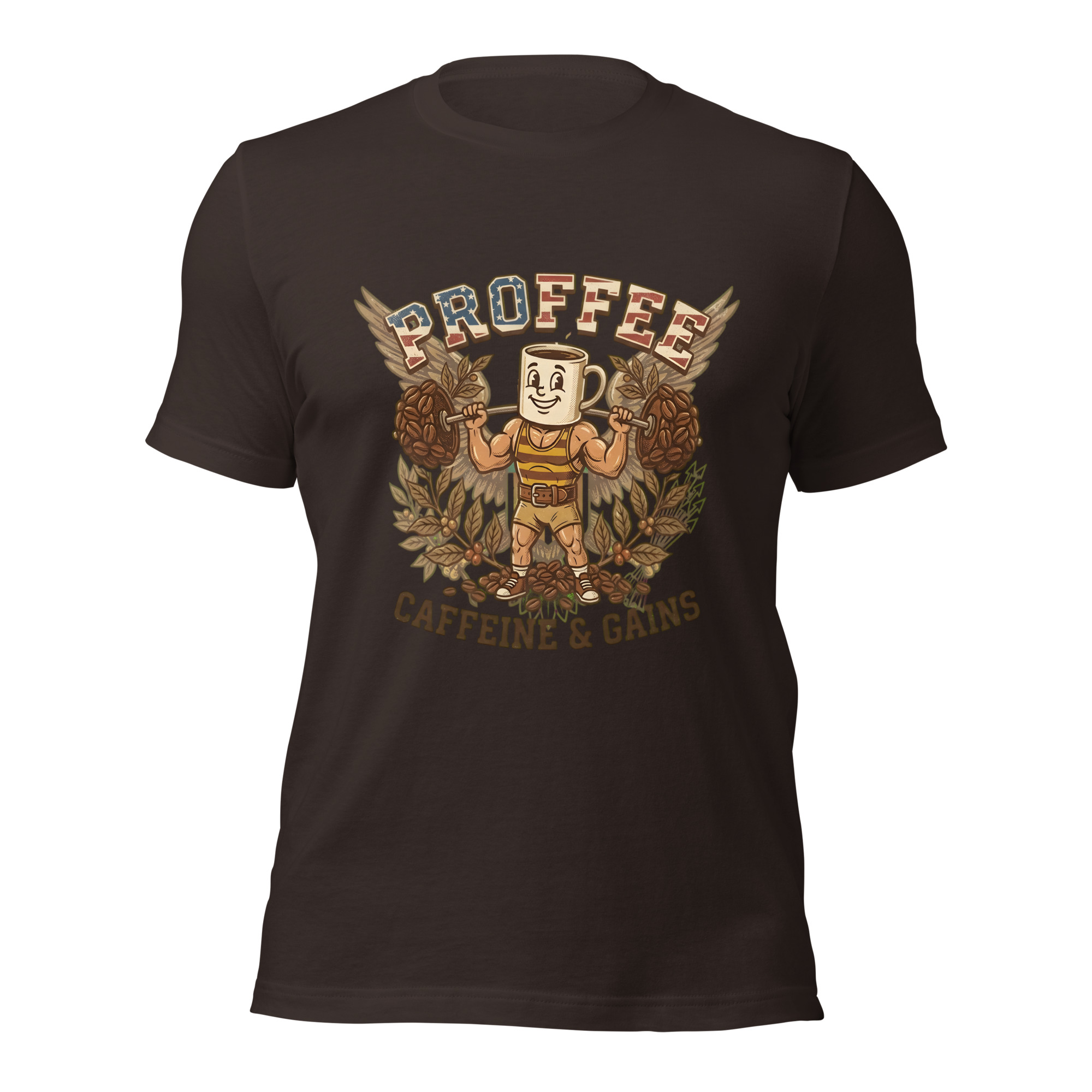 Proffee Caffeine and Gains T-Shirt – Retro Cartoon Fitness Coffee Mascot Gym Tee - Image 4