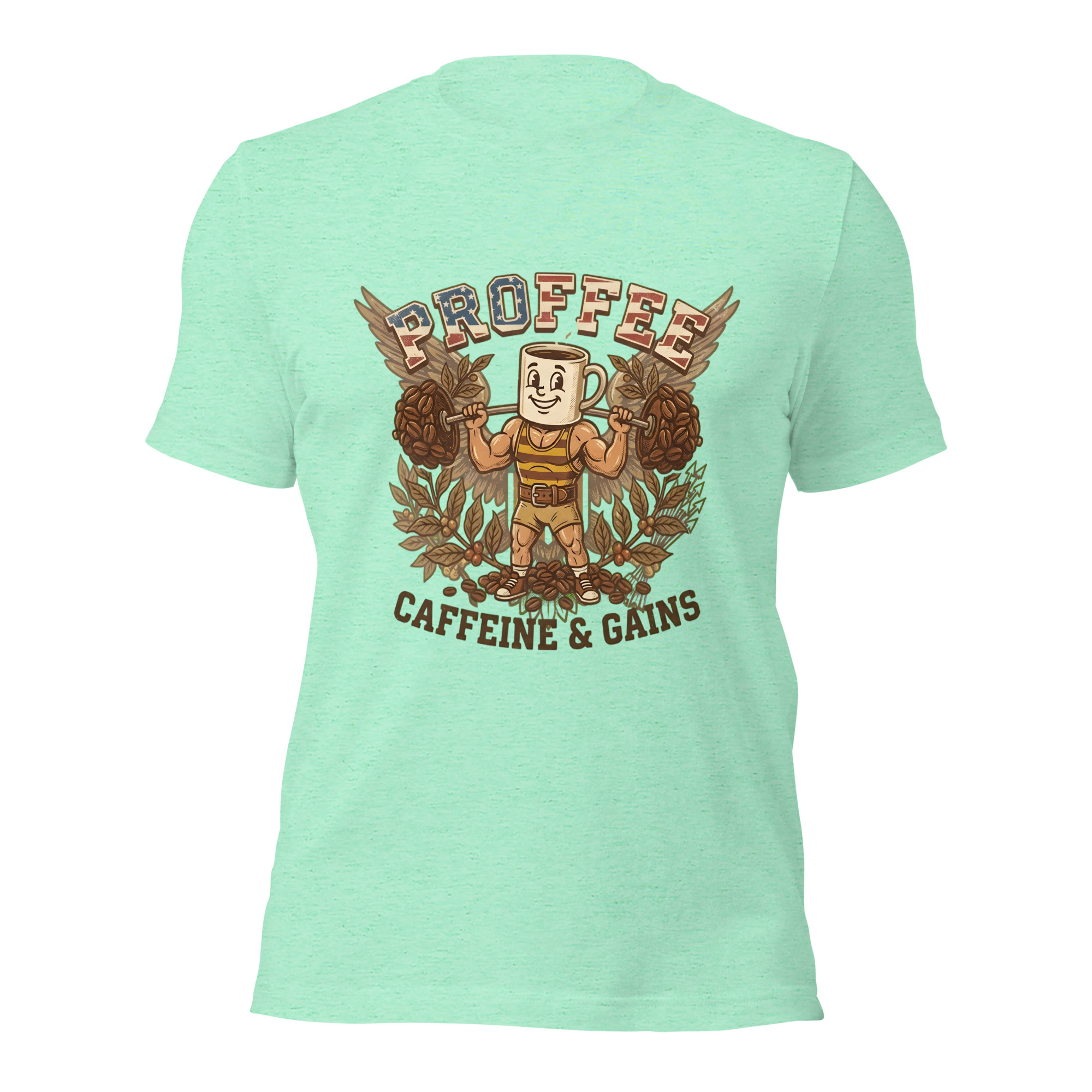Proffee Caffeine and Gains T-Shirt – Retro Cartoon Fitness Coffee Mascot Gym Tee - Image 6