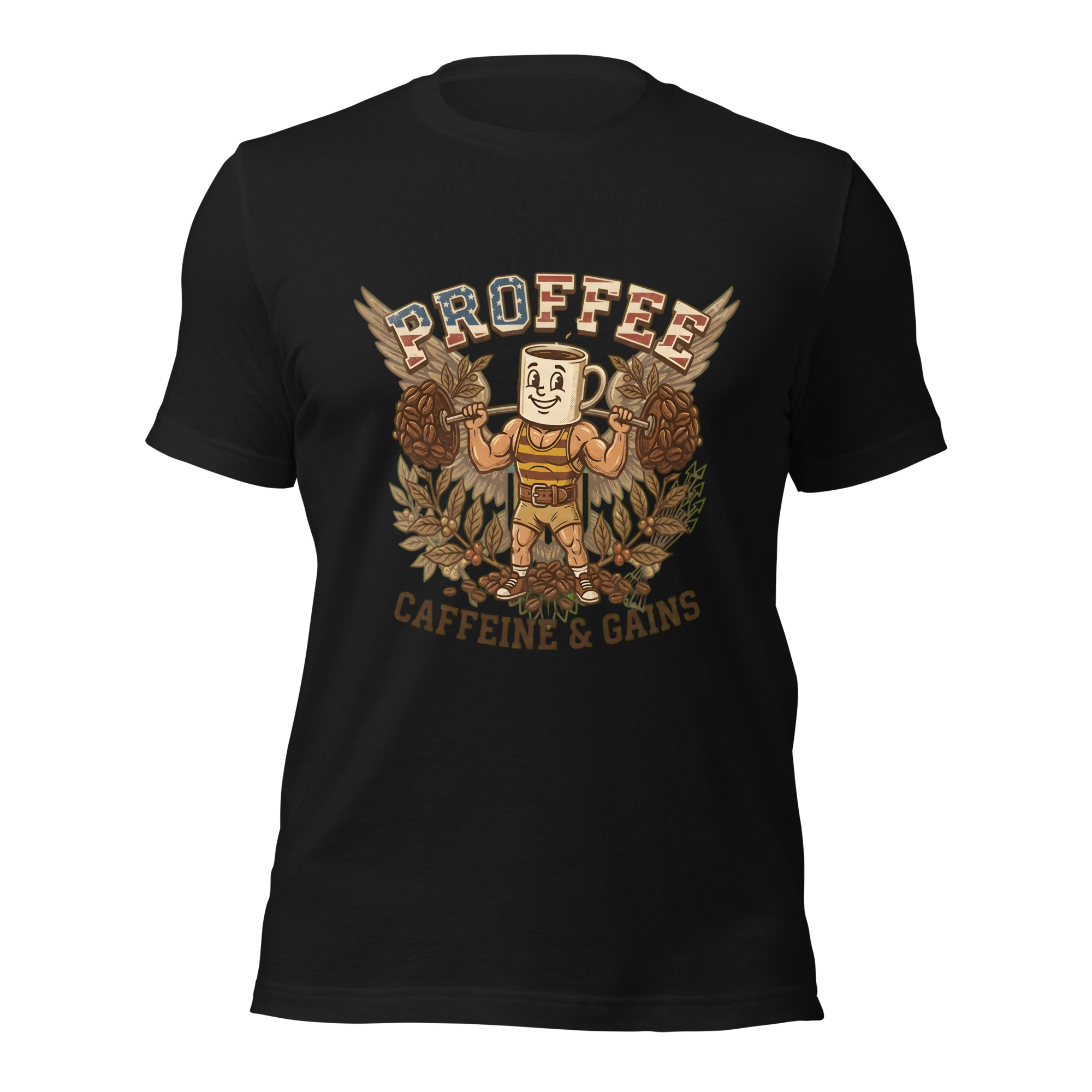 Proffee Caffeine and Gains T-Shirt – Retro Cartoon Fitness Coffee Mascot Gym Tee - Image 3